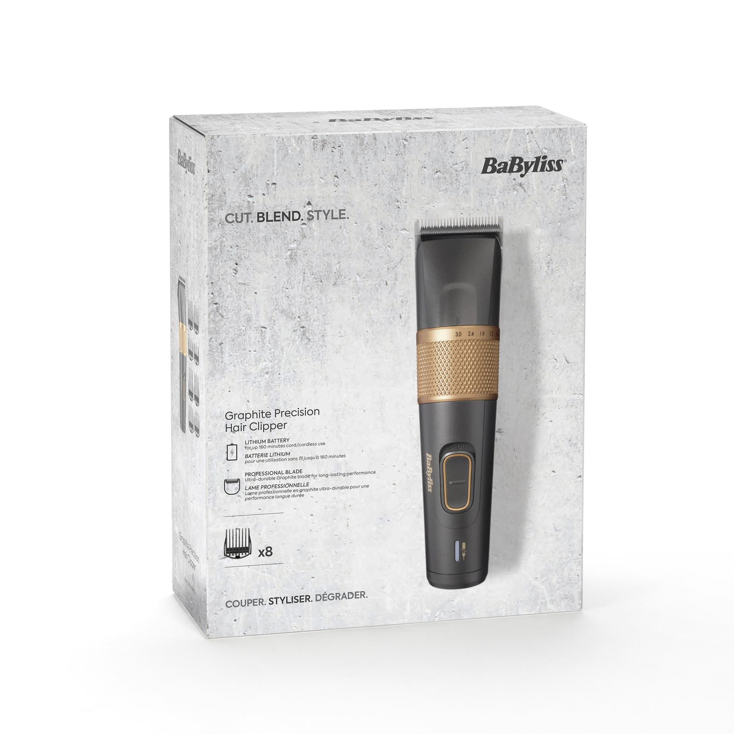 A Babyliss hair clipper box. The clipper is black and gold. Text on the box includes 'CUT. BLEND. STYLE.'