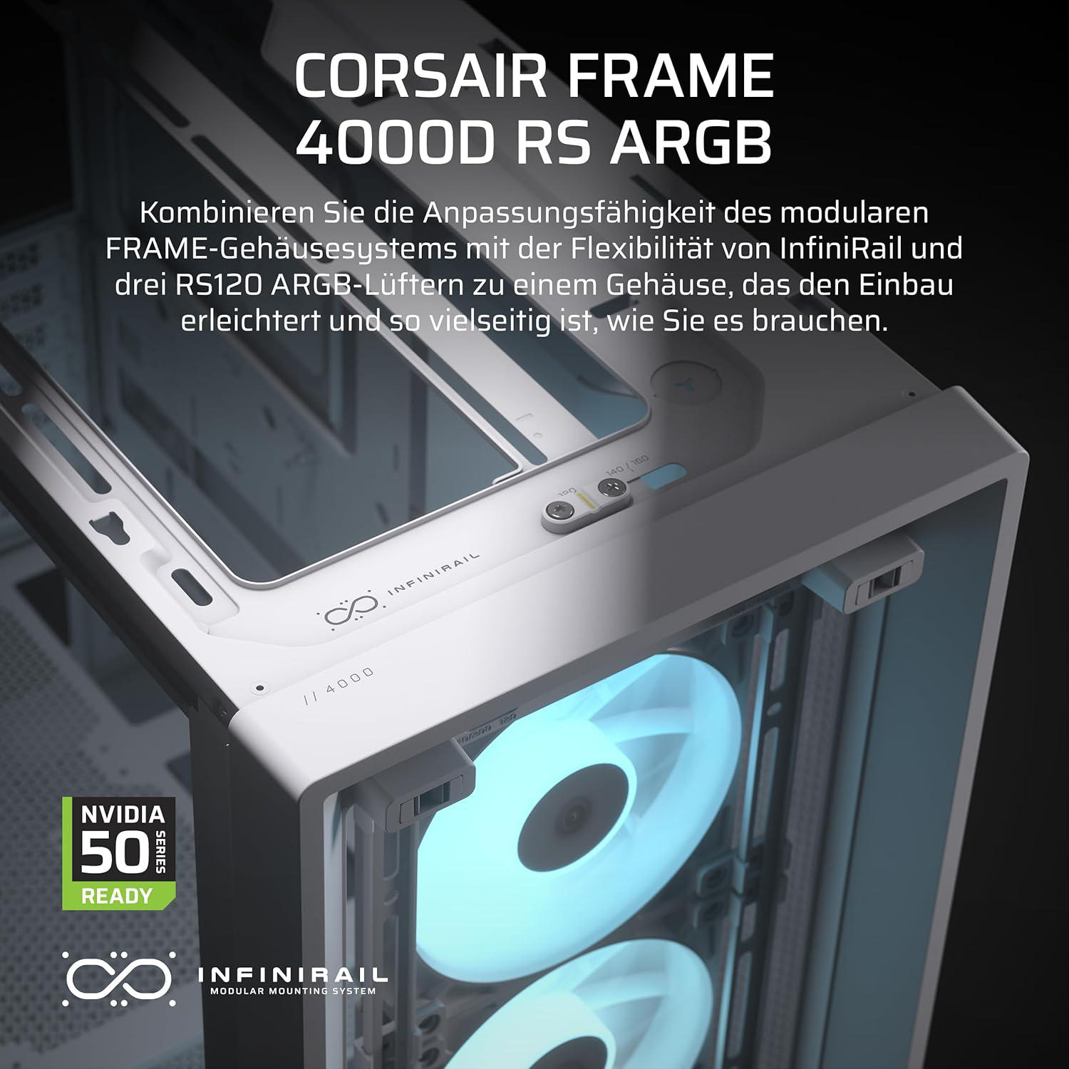 Ein weißes Computergehäuse mit blau beleuchteten Lüftern. Auf dem Gehäuse steht Corsair Frame 4000D RS ARGB und Nvidia Series 50 Ready.