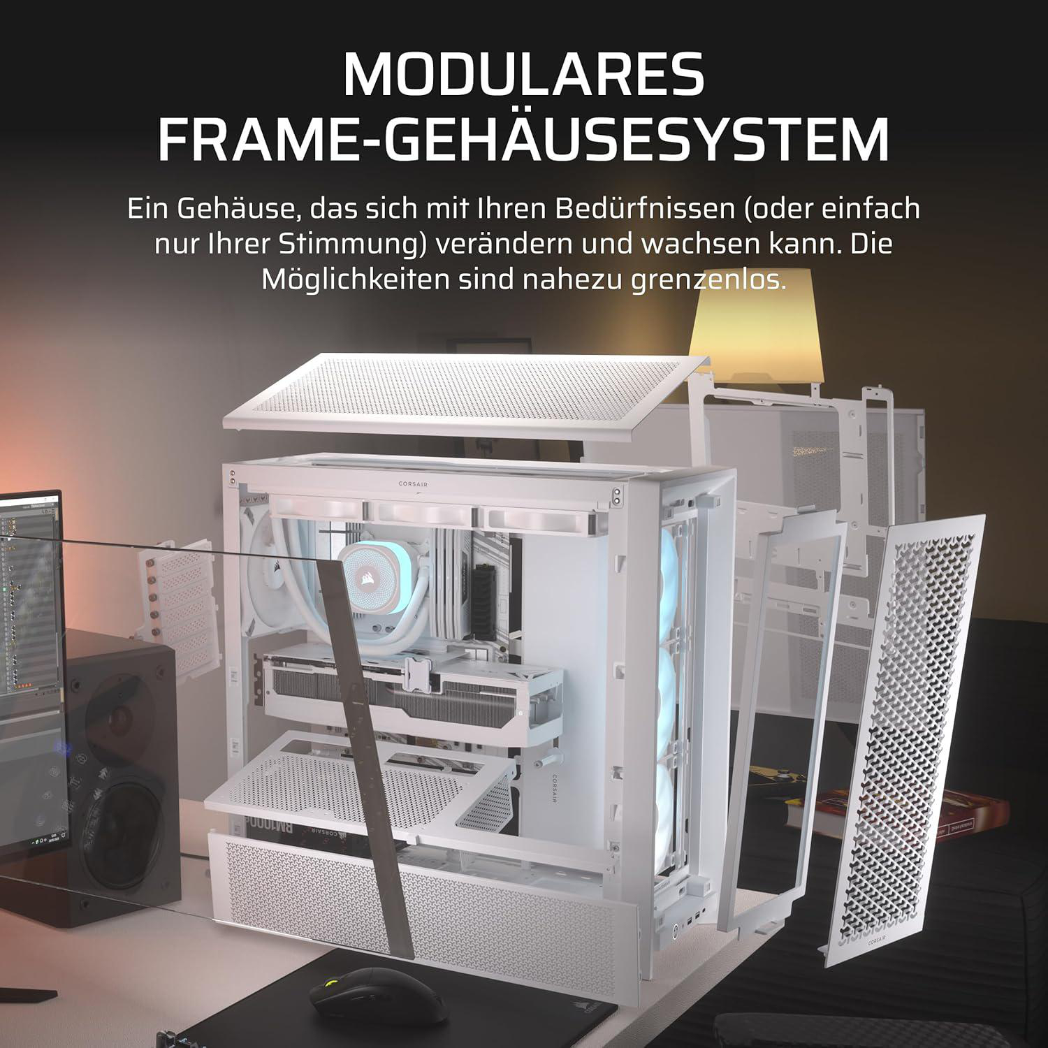 Weißes, modulares PC-Gehäuse mit angezeigten Komponenten. Deutscher Text sagt, es kann angepasst werden. Maus und Lautsprecher im Vordergrund.