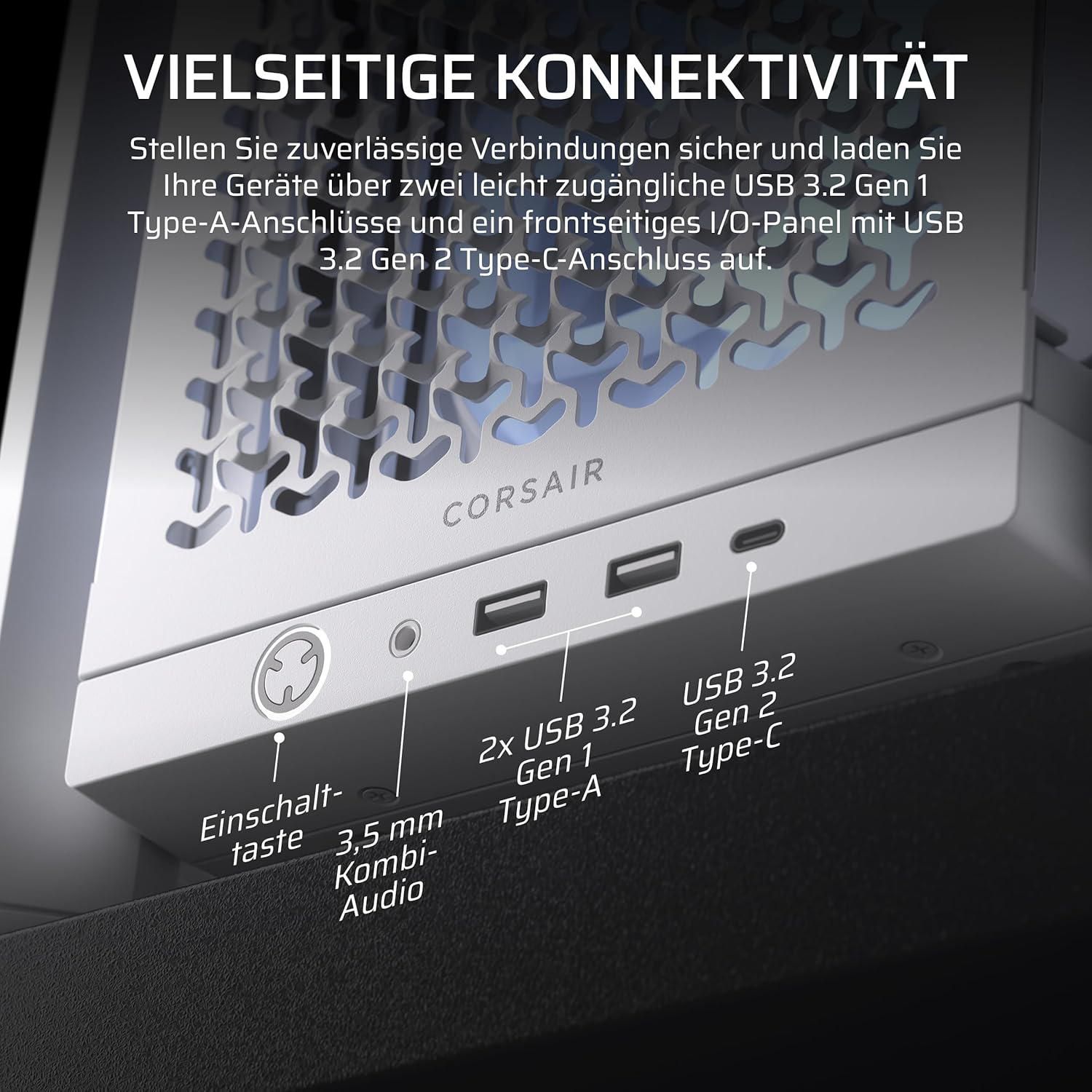 Vorderseite eines weißen Computergehäuses mit USB-Anschlüssen, Ein-Aus-Taste und Audioanschluss, beschriftet.