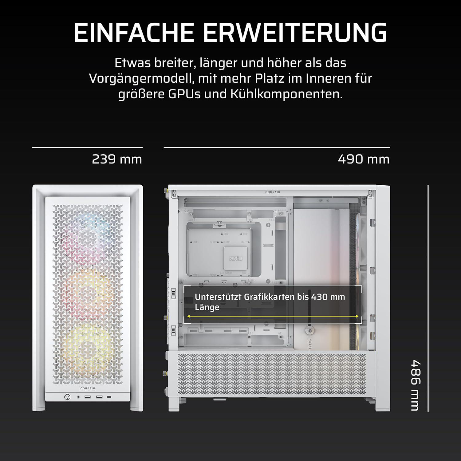 Weißes PC-Gehäuse mit Maßangaben. Text sagt 'Einfache Erweiterung'. Zeigt Corsair-Logo und unterstützt Grafikkarten bis 430mm.