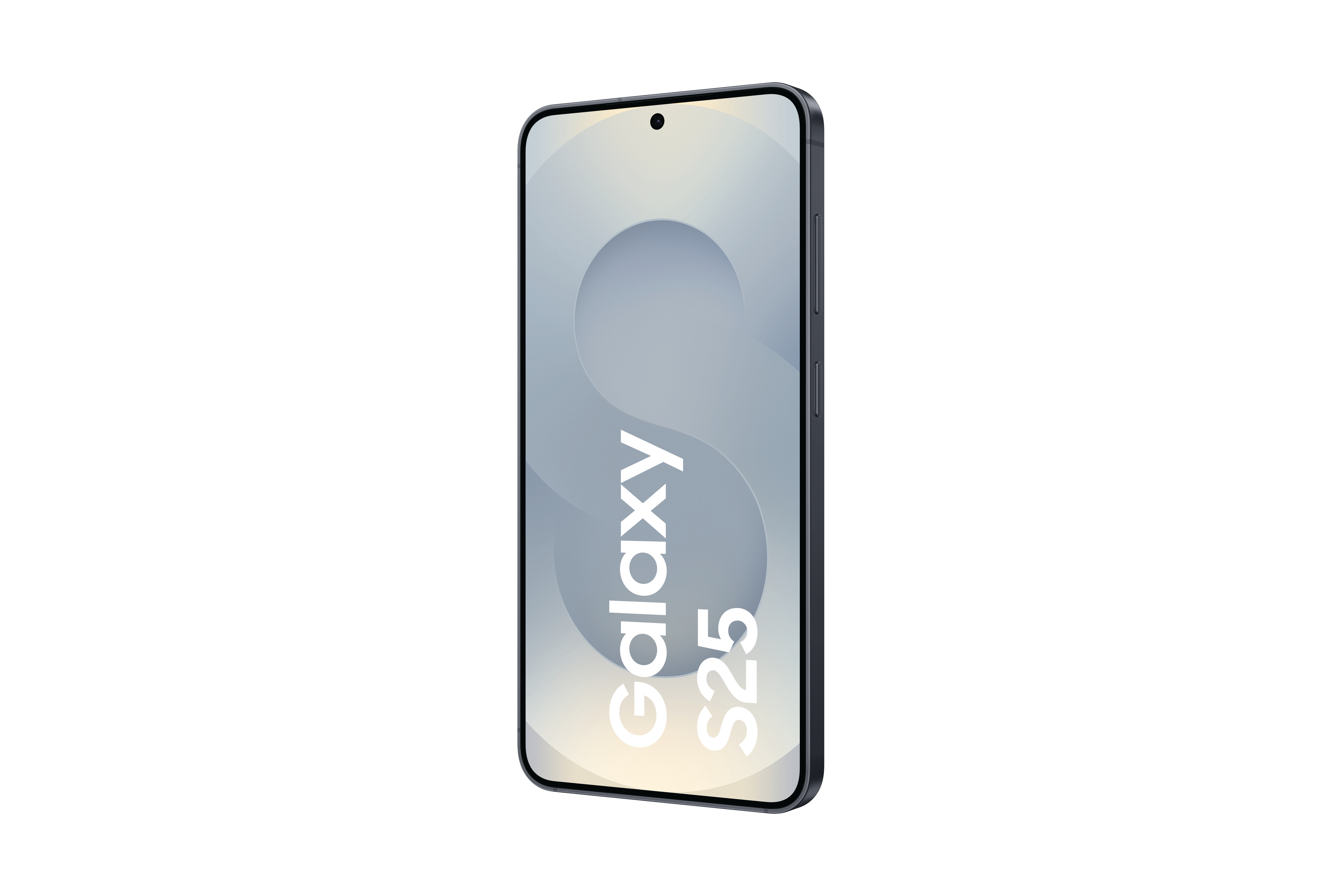 Ein schwarzes Smartphone, Galaxy S25, ist nach rechts abgewinkelt. Der Bildschirm zeigt ein graues Design vor weißem Hintergrund.