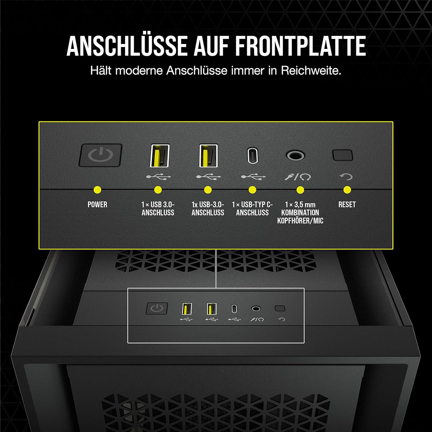 PC-Frontplatte mit Anschlüssen: Strom, USB 3.0, USB-C, Audio und Reset. Text auf Deutsch.