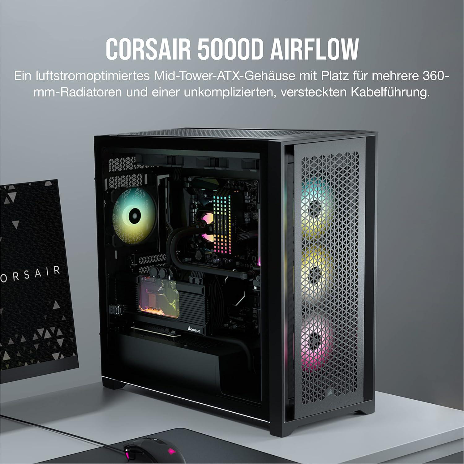 Schwarzes PC-Gehäuse mit Glasseitenwand. Innen befinden sich bunte Lichter und Komponenten. Corsair-Logo sichtbar.