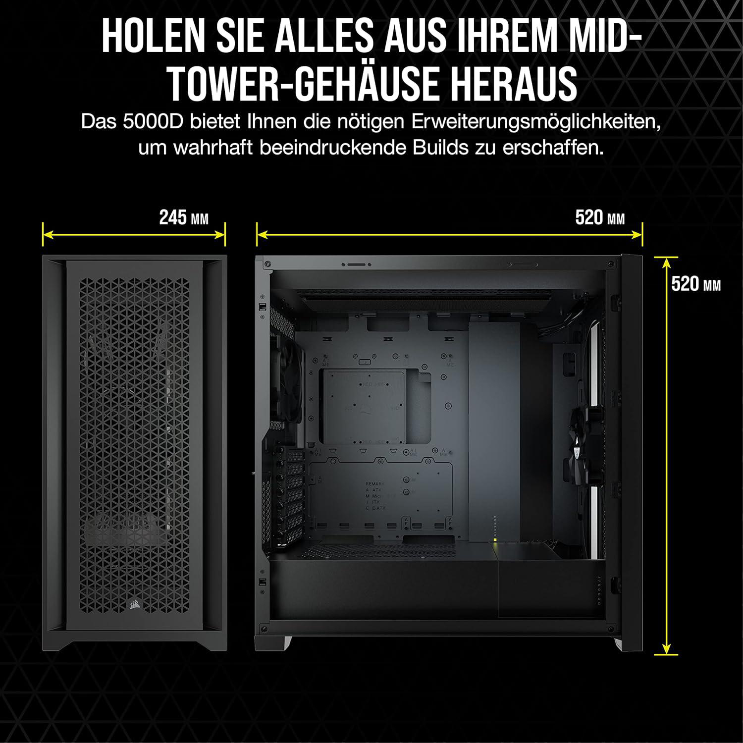 Schwarzes Computergehäuse mit offener Seite, Abmessungen beschriftet. Text: 'Holen Sie alles aus Ihrem Mid-Tower-Gehäuse heraus.'