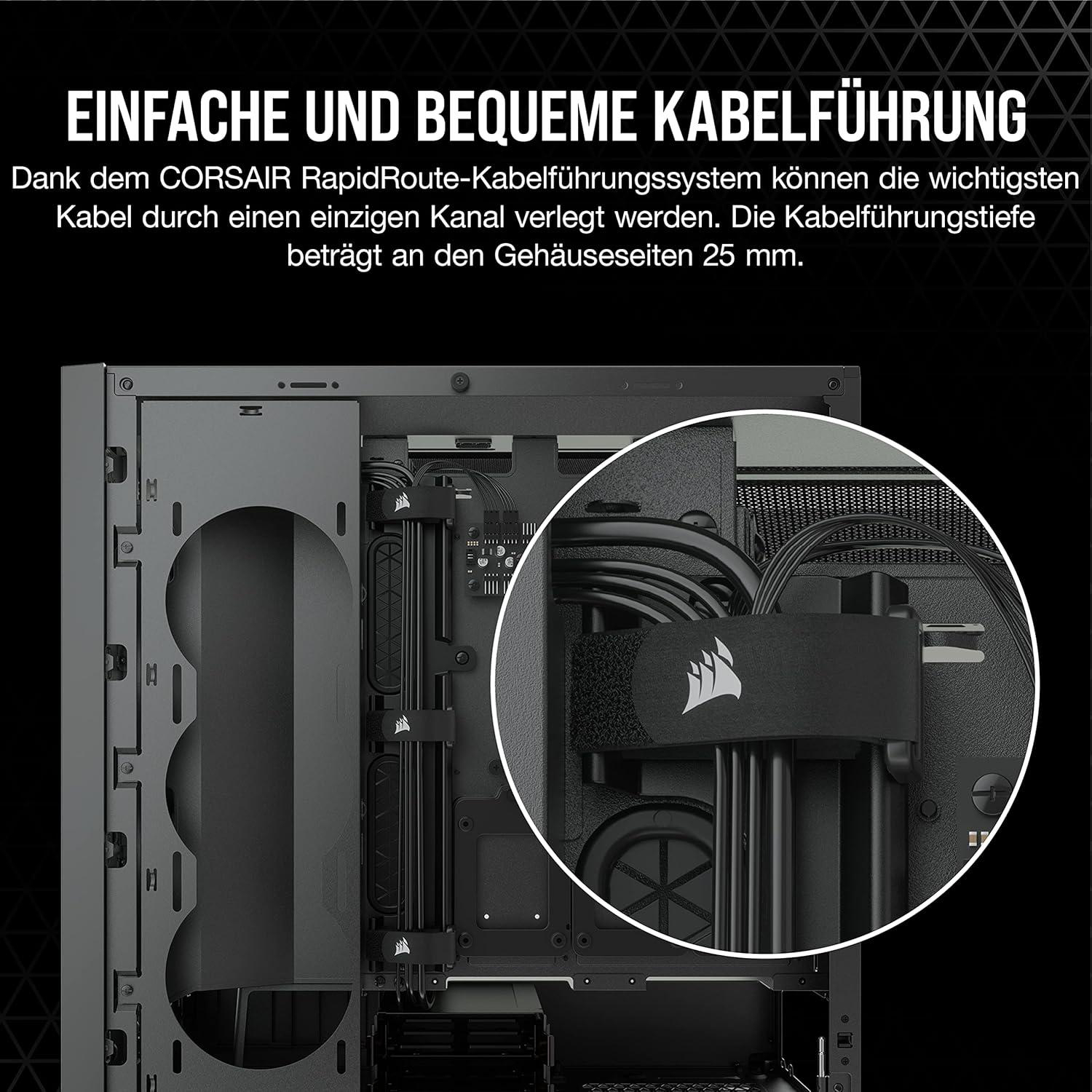 PC-Gehäuse mit Kabeln, rundem Detail und Text auf Deutsch. Kabel sind für die einfache Verlegung verlegt.