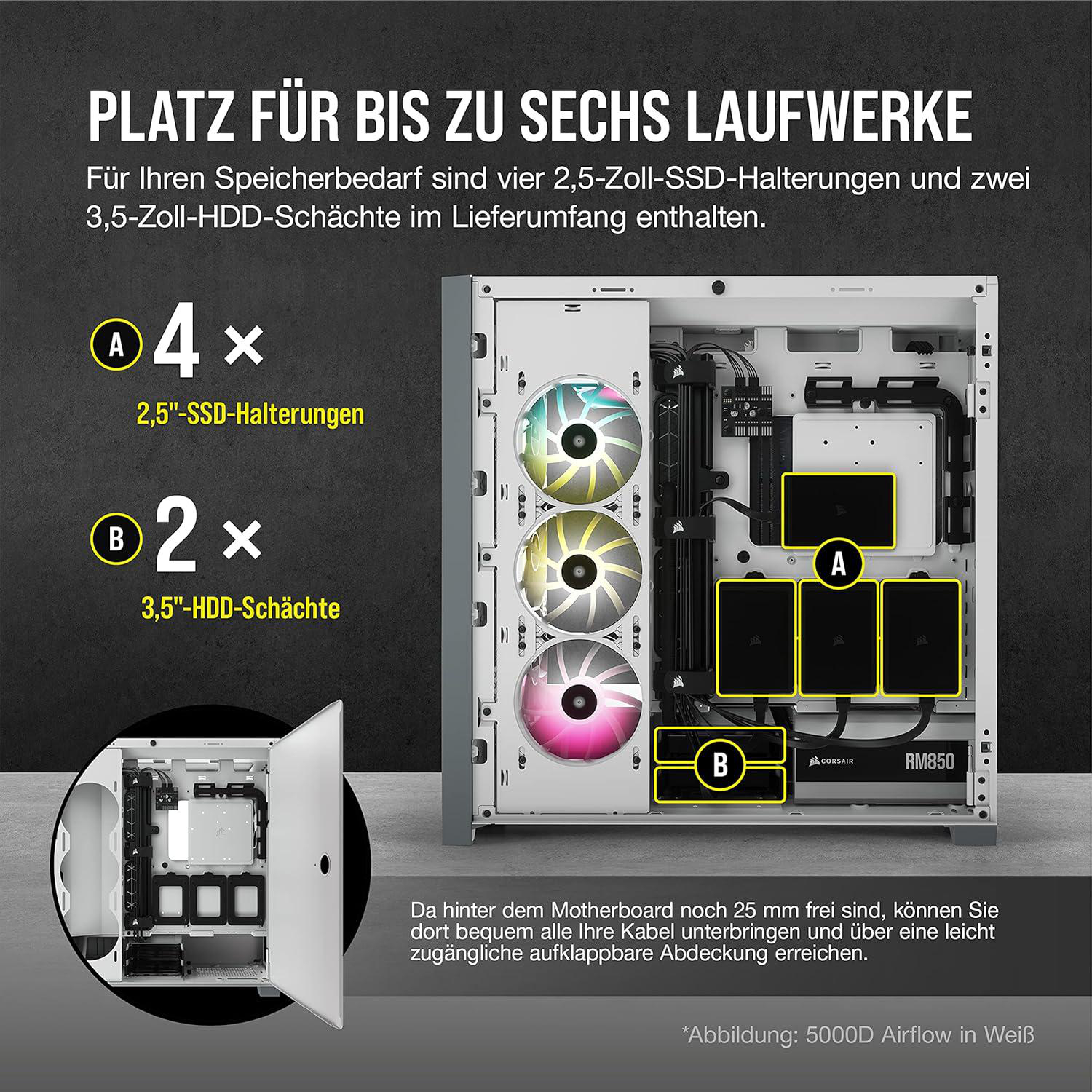 Das Bild zeigt ein Computergehäuse mit hervorgehobenen SSD- und HDD-Steckplätzen sowie Informationen zum Gehäuse und seinen Funktionen.