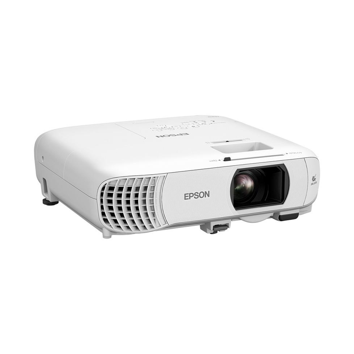 Un proiettore Epson bianco. Ha una lente, griglie di ventilazione e il logo Epson. Isolato su sfondo bianco.