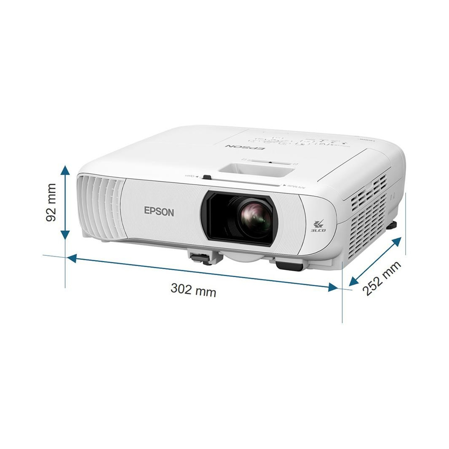 Un proiettore Epson bianco. Mostra le dimensioni: 302 mm, 252 mm e 92 mm. Presenta una lente, ventilazione e il logo Epson.