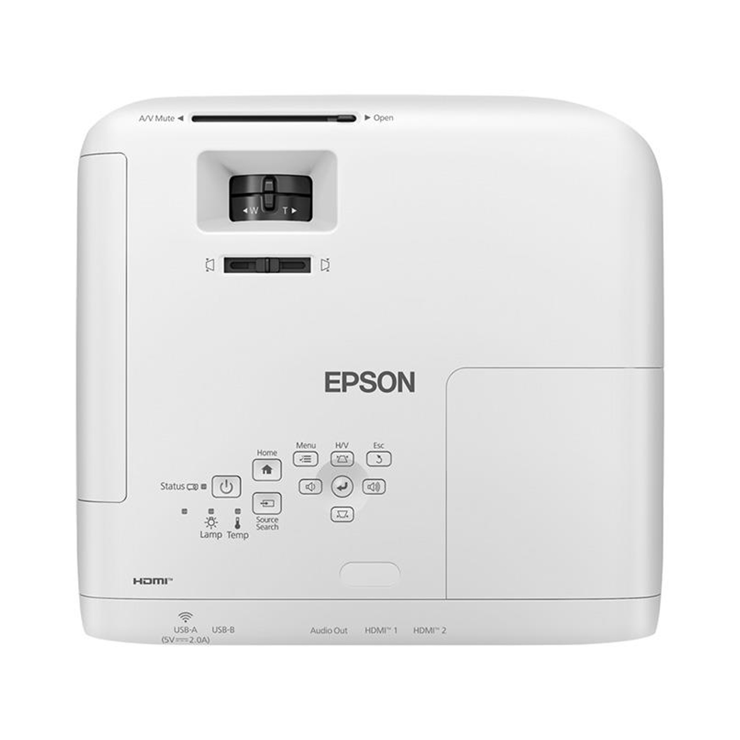 Un proiettore Epson bianco con pulsanti, porte e il logo Epson. Ha un obiettivo e un pannello di controllo. Le porte HDMI e USB sono visibili.