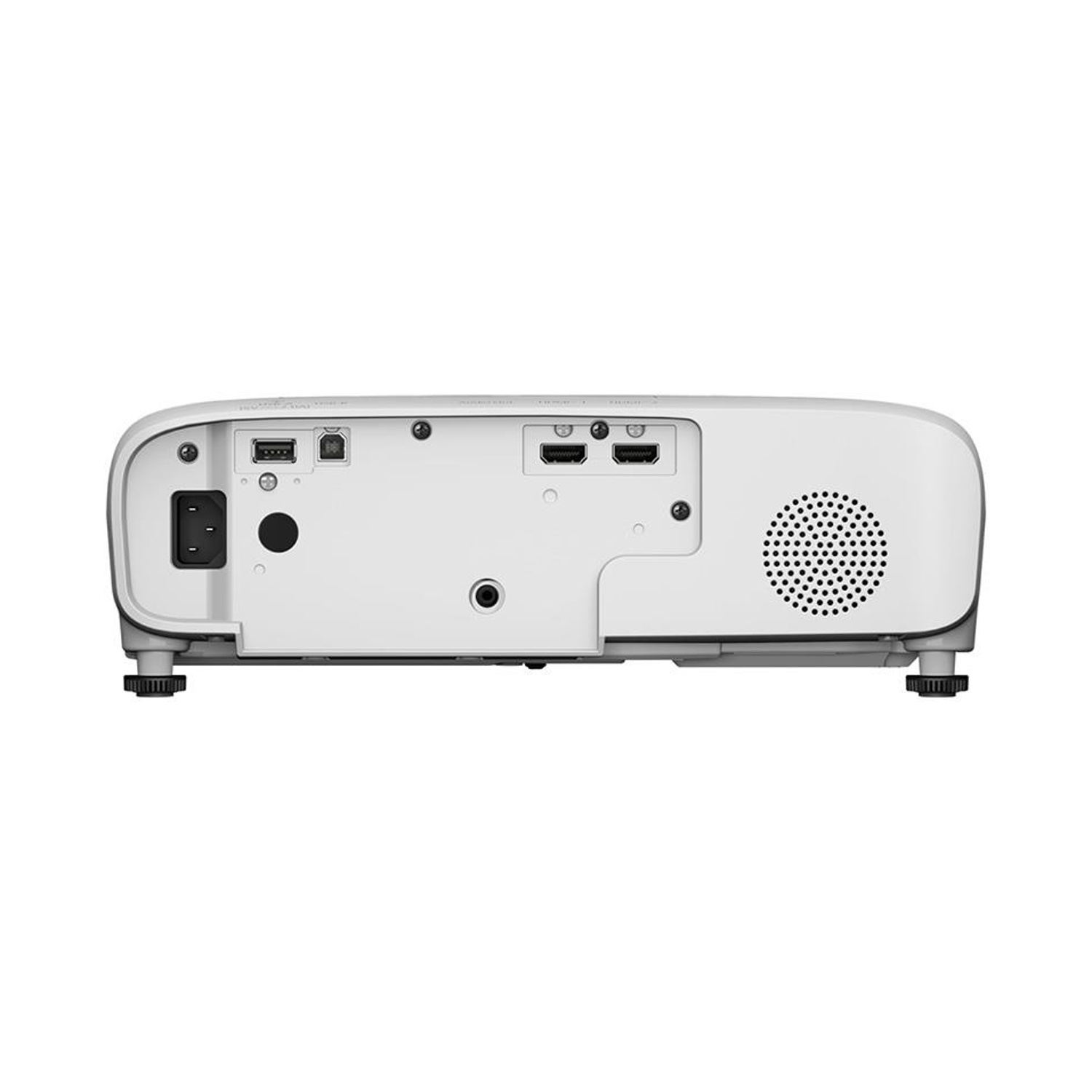 Retroproiettore bianco. Include alimentazione, USB, porte HDMI e altoparlante. Piedini regolabili visibili.