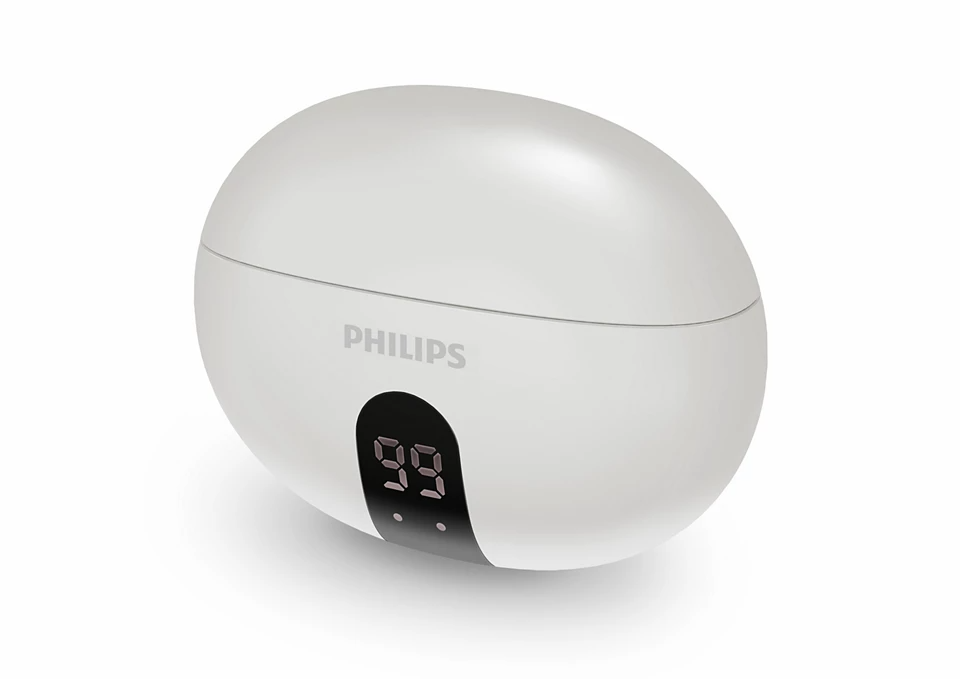 Egy fehér, tojás alakú eszköz, rajta a 'PHILIPS' felirattal. Van egy kis fekete kijelzője, ami a '99'-et mutatja.