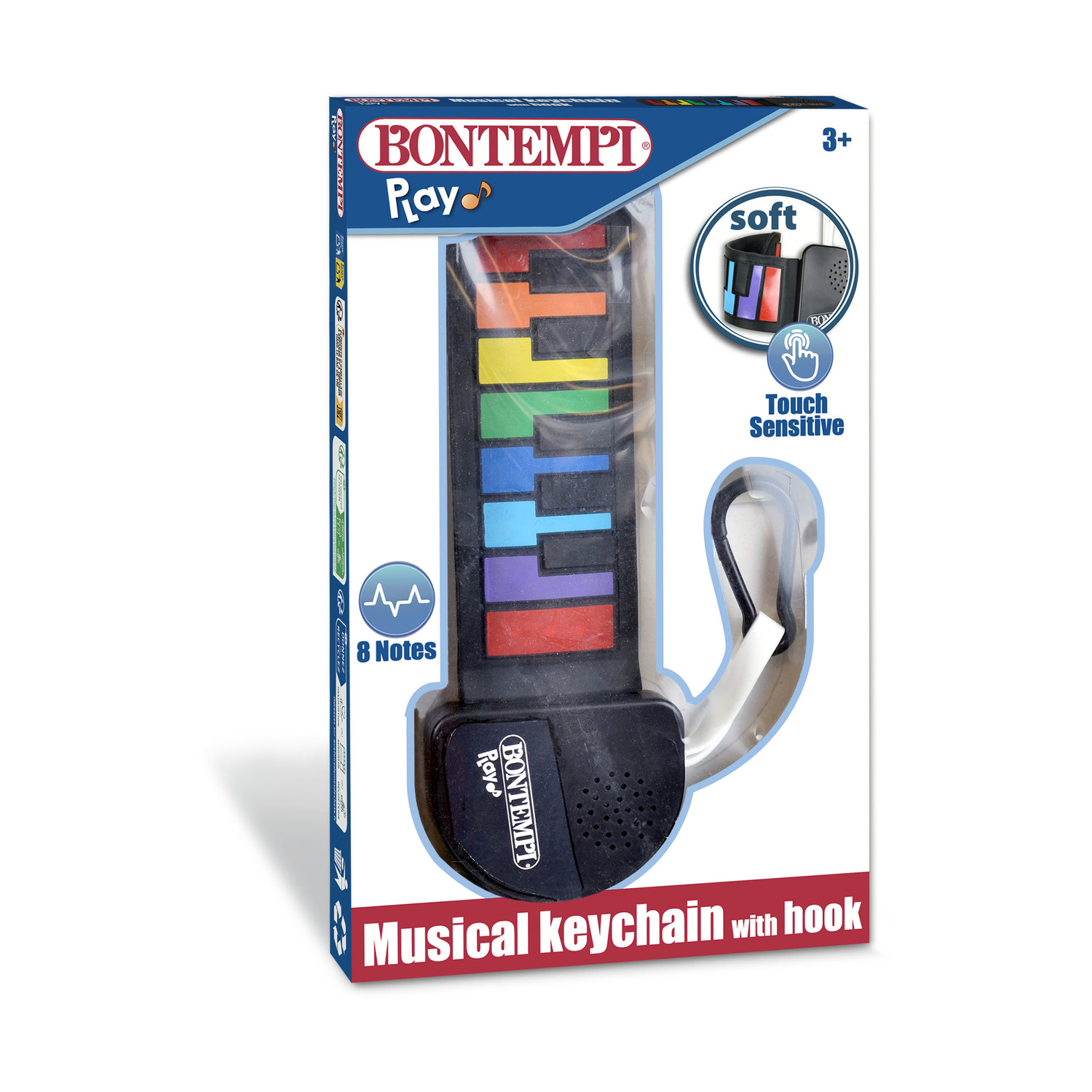 Un portachiavi musicale in una scatola. Ha tasti di pianoforte colorati. La scatola dice 'Bontempi Ray', 'Touch Sensitive' e 'Musical keychain with hook'.