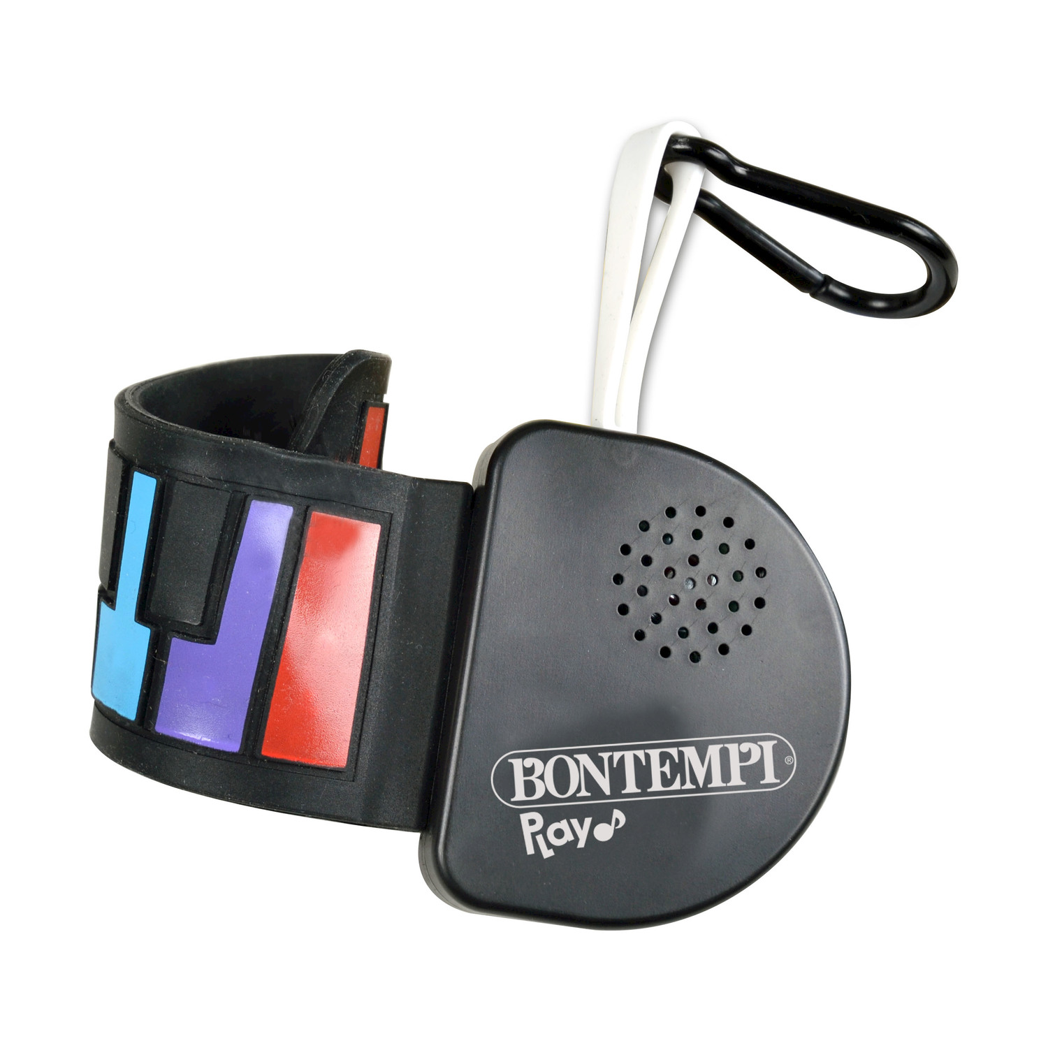 Un braccialetto musicale Bontempi nero. Presenta un altoparlante, tasti colorati e un moschettone. Lo sfondo è bianco.