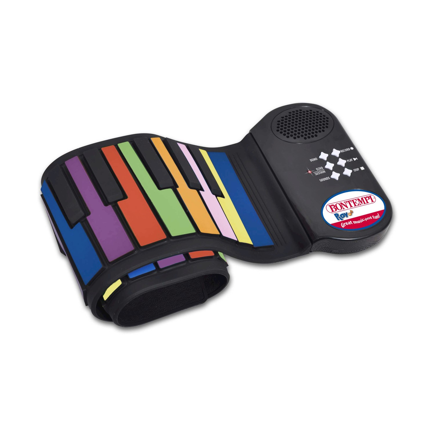 Un pianoforte arrotolabile colorato con tasti neri e tasti colorati, un altoparlante e pulsanti di controllo sul lato destro.