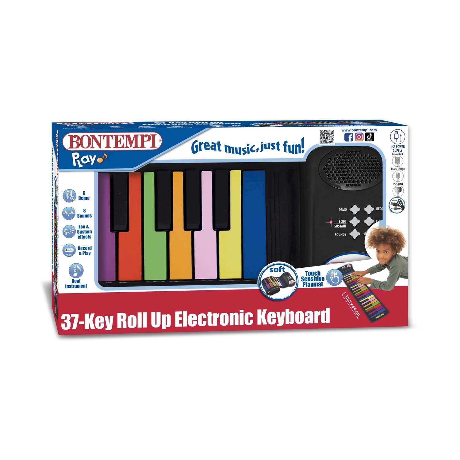 Una tastiera elettronica arrotolabile Bontempi a 37 tasti. Ha tasti colorati e un'immagine di un bambino che suona la tastiera sulla scatola.