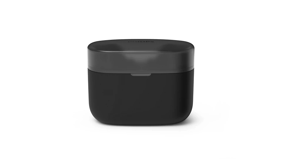 A képen egy fekete Philips fülhallgató tok látható sötétszürke fedéllel, fehér háttér előtt középre igazítva.