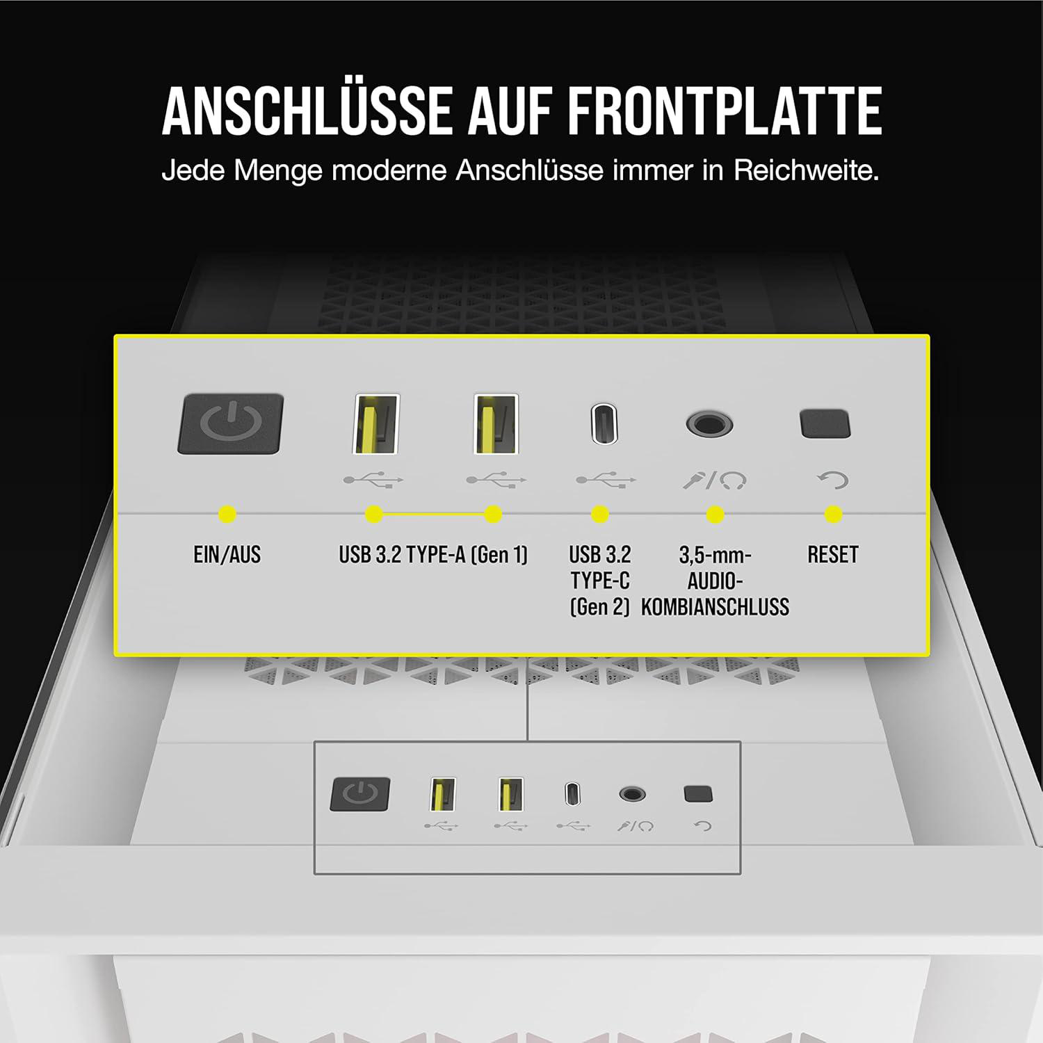 Weiße Computer-Gehäuse-Frontplatte mit Strom-, USB- und Audioanschlüssen. Der Text oben lautet Anschlüsse Auf Frontplatte.