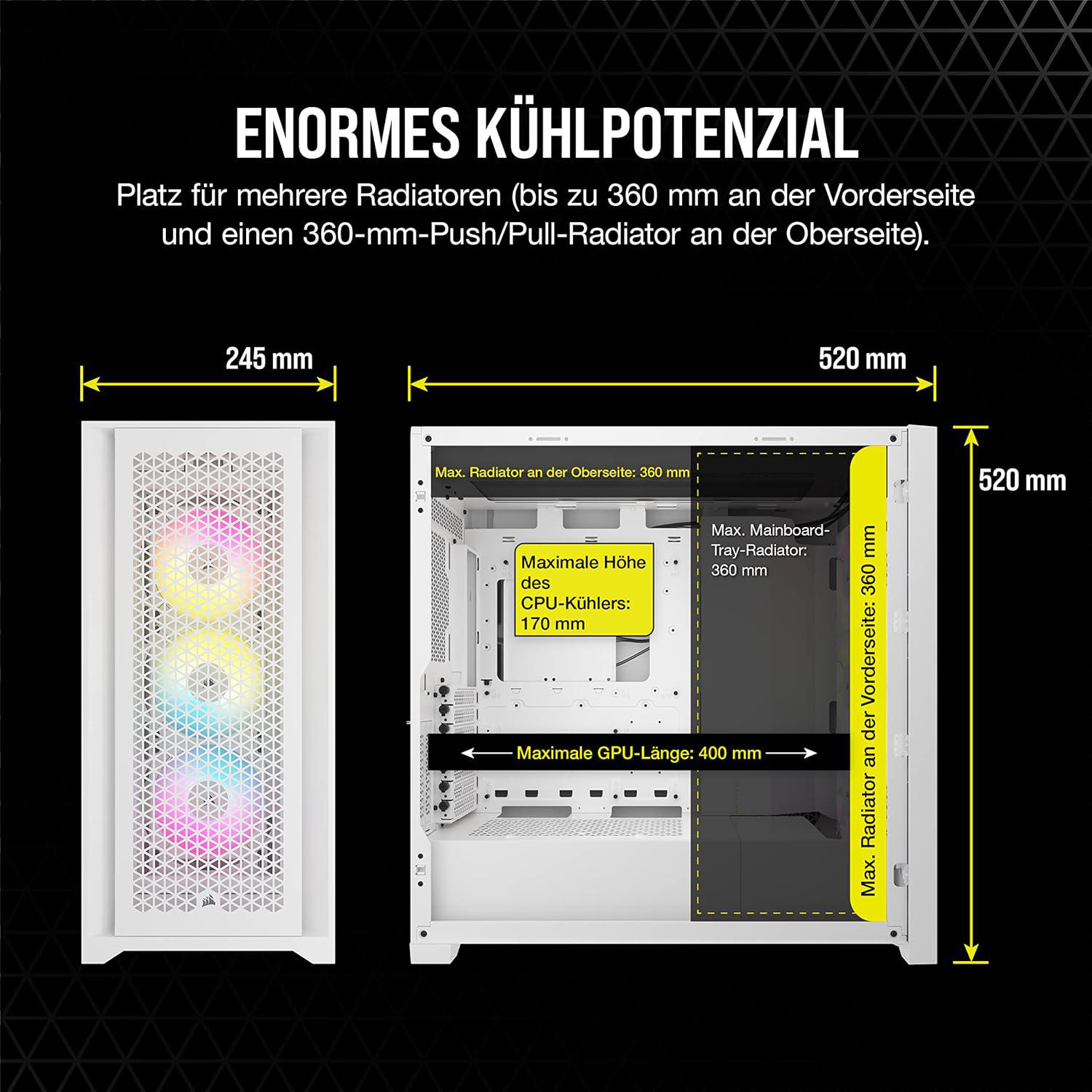 Diagramm mit PC-Gehäuseabmessungen. Beschriftungen zeigen Radiator- und GPU-Größe sowie CPU-Kühlerhöhe.