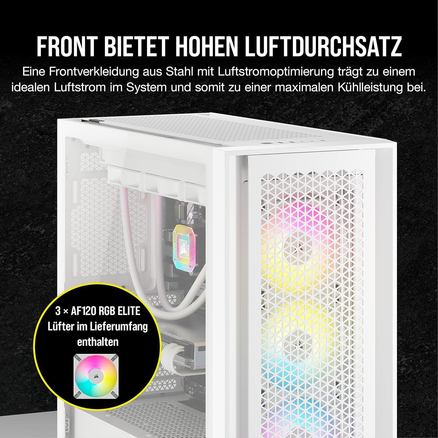 Weiße PC-Gehäusefront mit Mesh-Design. Text: 'FRONT BIETET HOHEN LUFTDURCHSATZ'. Enthält Lüfter mit RGB-Beleuchtung.