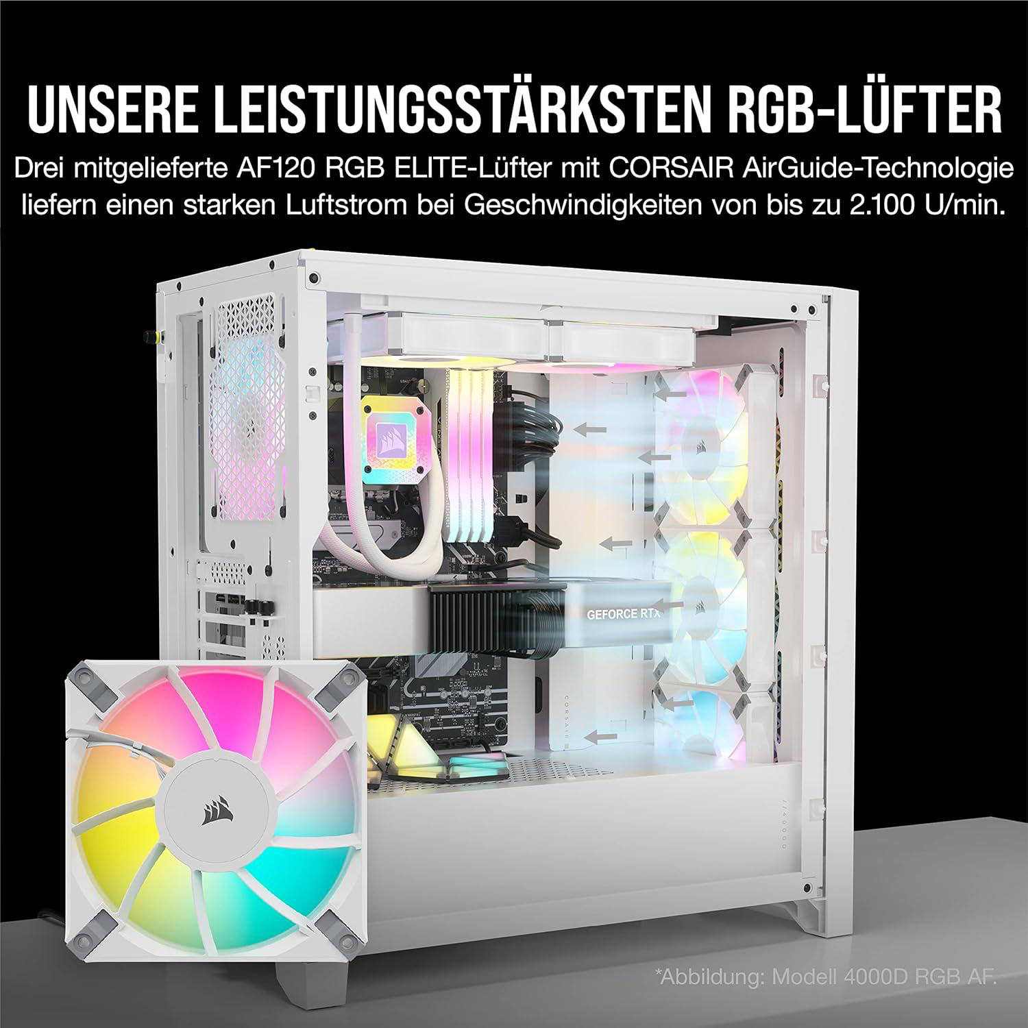 Weißes PC-Gehäuse mit RGB-Lüftern. Im Inneren befinden sich eine Grafikkarte und andere Komponenten. Text oben lautet 'UNSERE LEISTUNGSSTÄRKSTEN RGB-LÜFTER'.