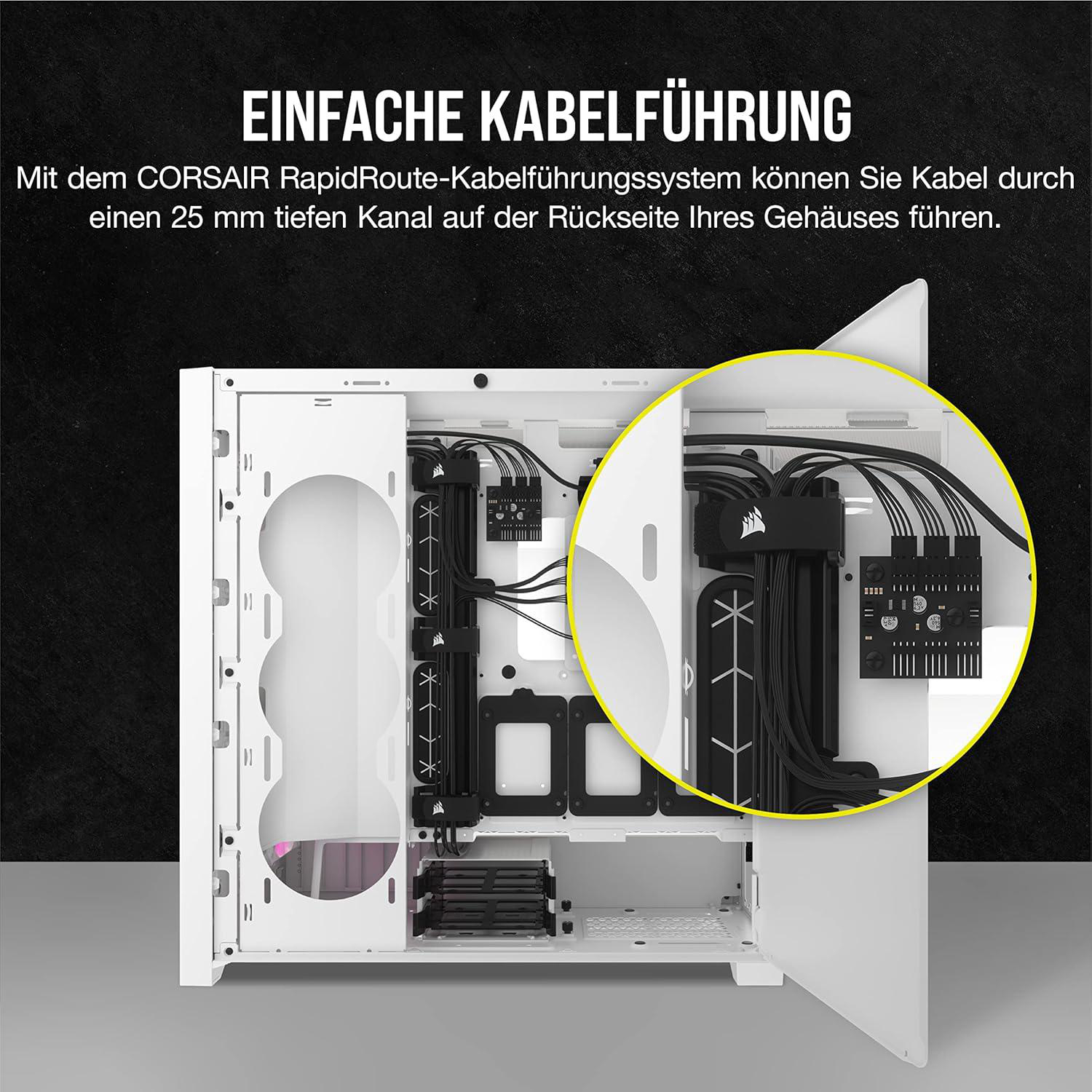 Innenansicht eines Computergehäuses mit schwarzen Kabeln. Ein gelber Kreis hebt das Kabelführungssystem hervor. Text lautet "Einfache Kabelführung".