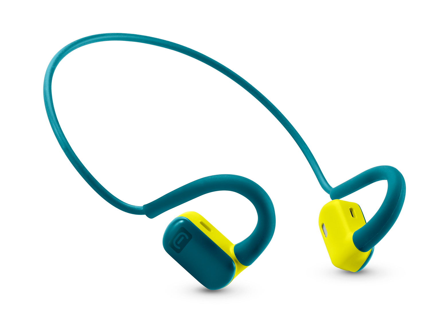 Auriculares inalámbricos turquesa y amarillos sobre fondo blanco. Los auriculares tienen un diseño curvo y están en ángulo.