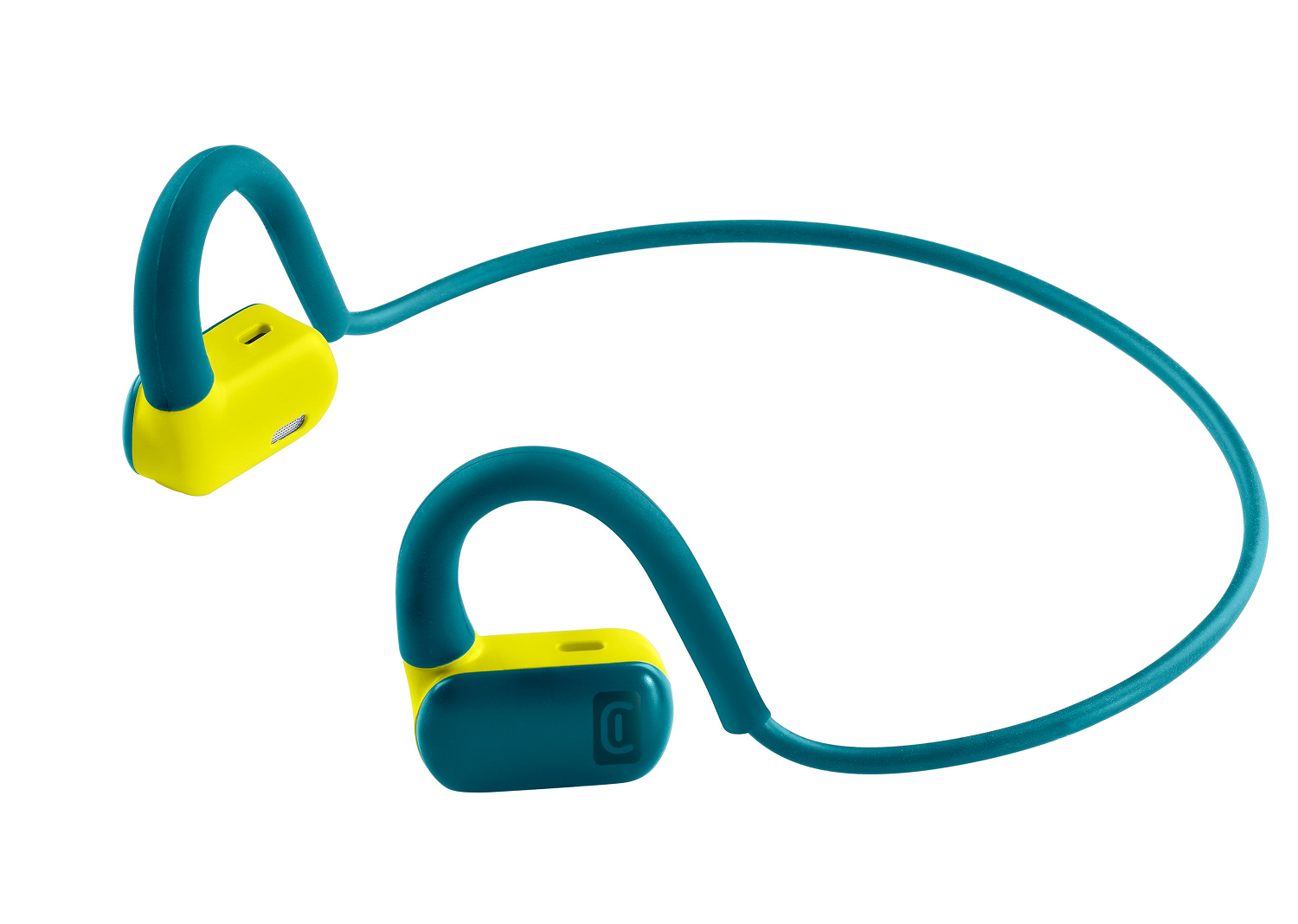 Auriculares inalámbricos. Auriculares amarillos y verde azulado, ganchos para la oreja y cable de conexión verde azulado. Fondo blanco.