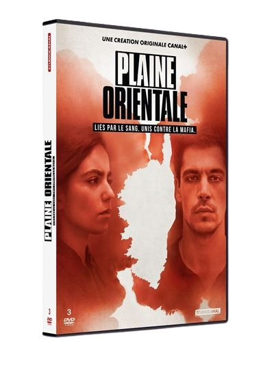 Couverture DVD de 'Plaine Orientale'. Présente deux visages, le titre et un motif en forme de carte. Texte : 'Lies par le sang, unis contre la mafia.'