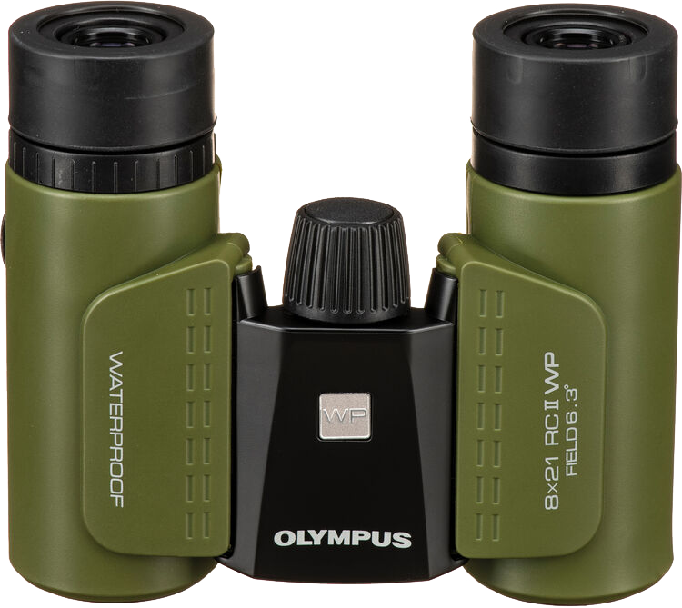 Zöld és fekete Olympus távcső. A távcső fekete szemlencsékkel és fekete középső fókuszkerékkel rendelkezik.