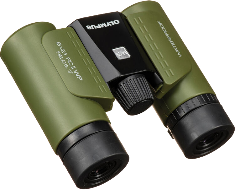 Zöld Olympus távcső fekete részletekkel és központi fókuszgombbal. A 'WATERPROOF' és '8x21 RCI WP' felirat látható.