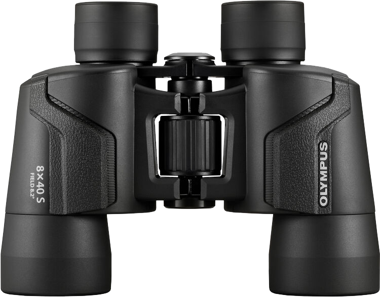 Fekete Olympus távcső 8x40 S specifikációkkal középen. Az Olympus logó látható. A kép egy stúdiófelvétel.