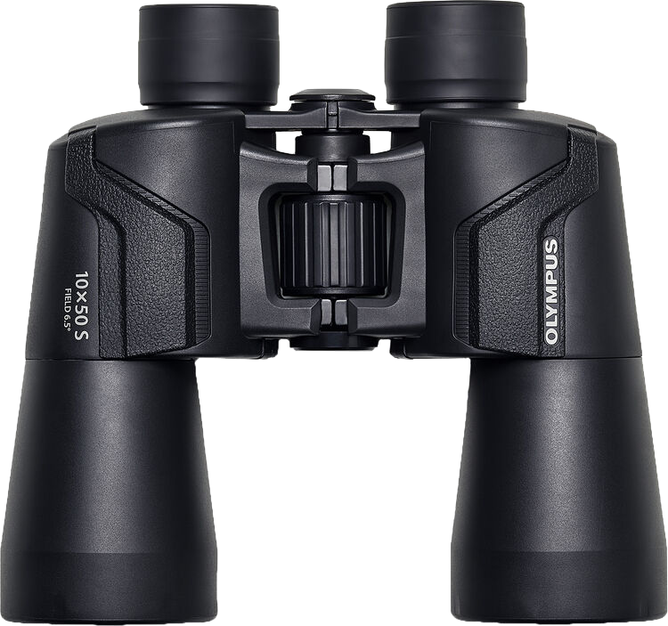 Fekete Olympus 10x50 S távcső. Jellemzői a központi fókuszkerék és az Olympus logó.