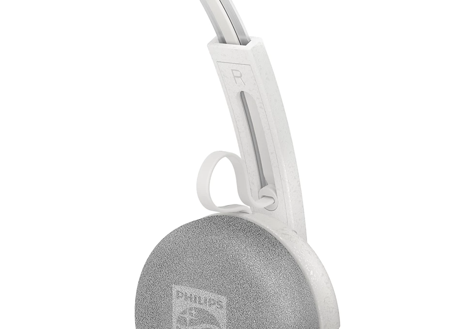 Fehér Philips fejhallgató. A jobb oldali fülkagyló látható. A fülkagyló szürke, a fejpánt egy része fehér.