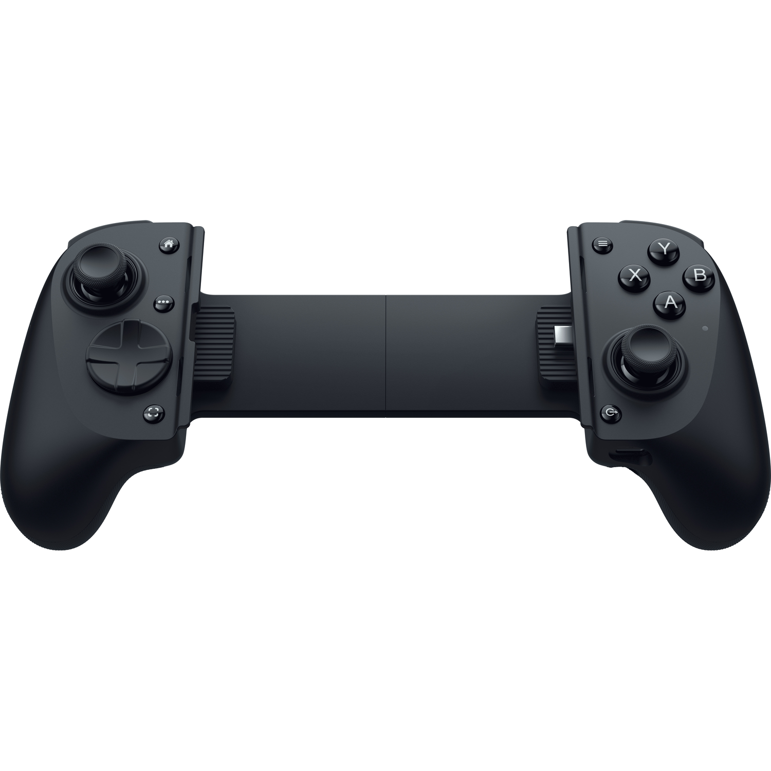 Black game controller on white background. It has buttons, joysticks, and a central, expandable section.