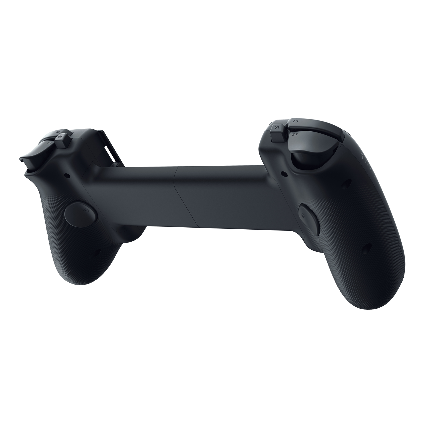 A black game controller is shown against a white background. It has two grips with buttons and a central connecting piece.