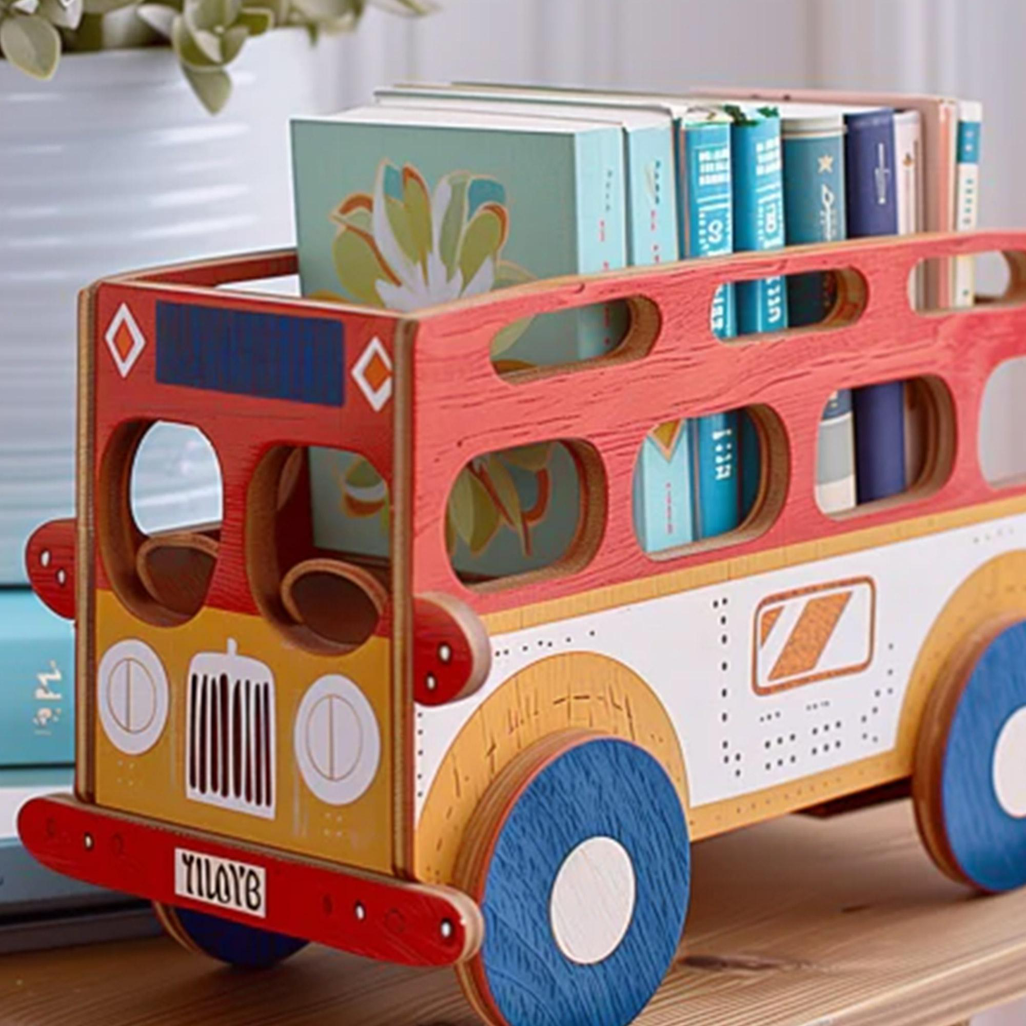 Ein Bücherregal in Form eines Holzbus hält bunte Bücher. Der Bus ist rot, gelb und weiß mit blauen Rädern.