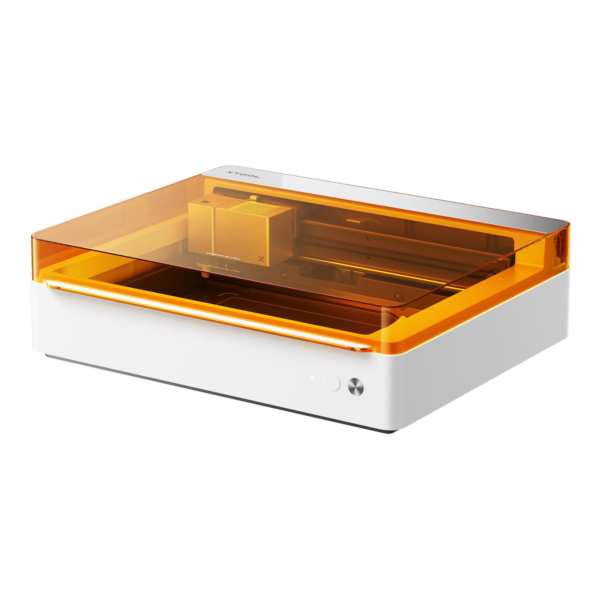Ein Laserschneider mit orangefarbenem, transparentem Deckel, weißem Gehäuse und silbernen Bedienelementen.