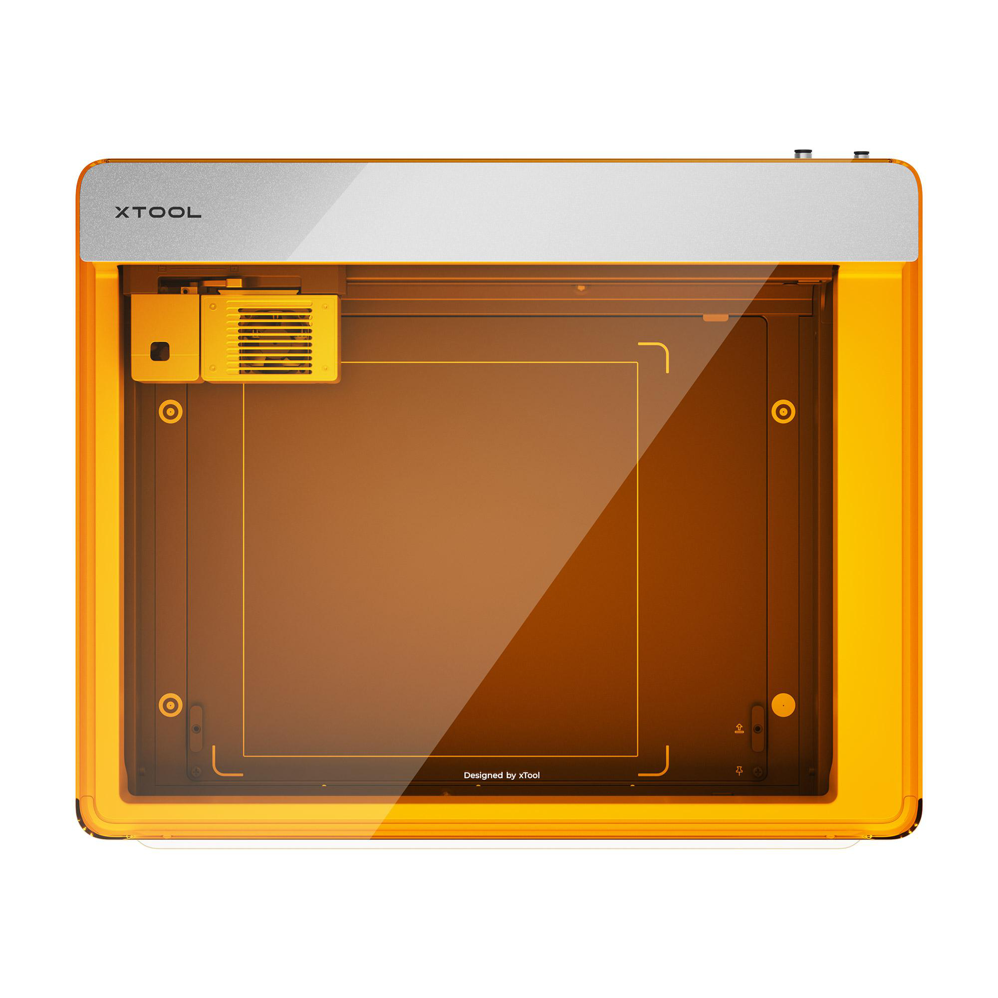 Ein orangefarbener Xtool 3D-Drucker. Er hat eine transparente Abdeckung. Die Oberseite ist silber mit dem Xtool-Logo.