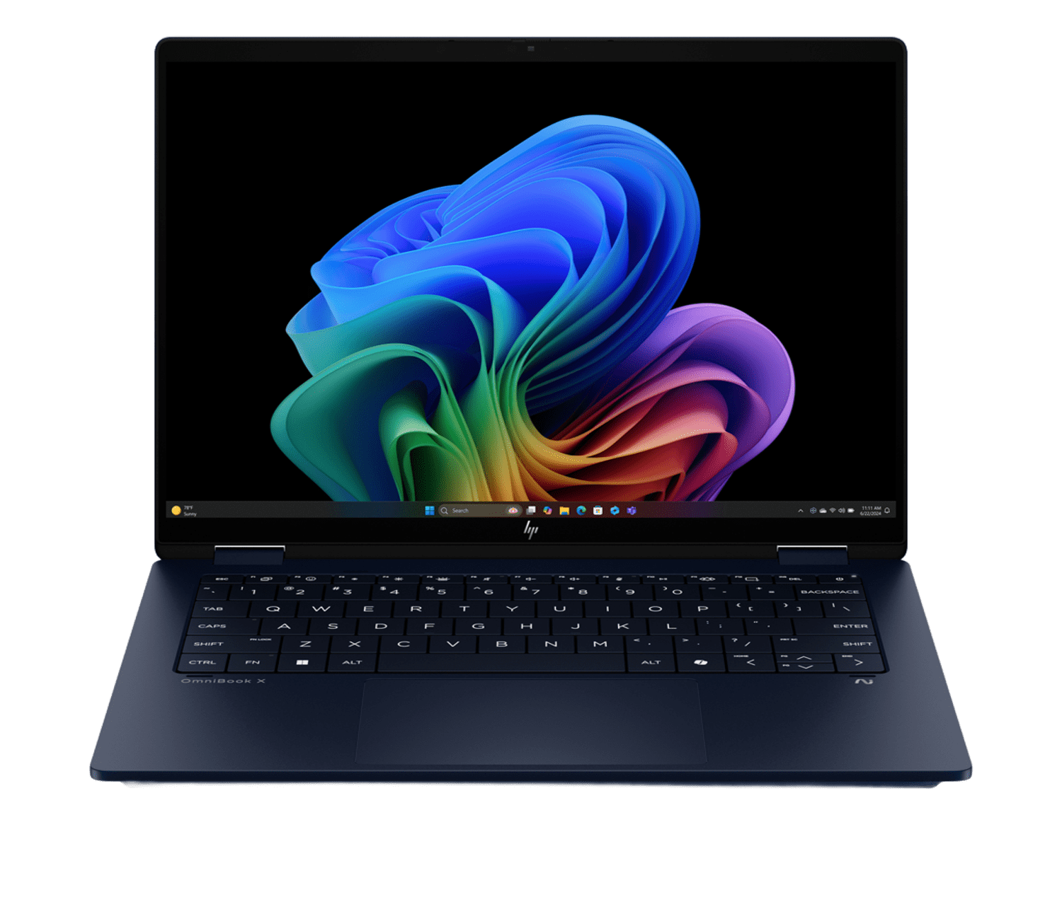 Un portátil HP OmniBook X azul marino, abierto, muestra una imagen abstracta colorida en su pantalla. Teclado visible debajo.