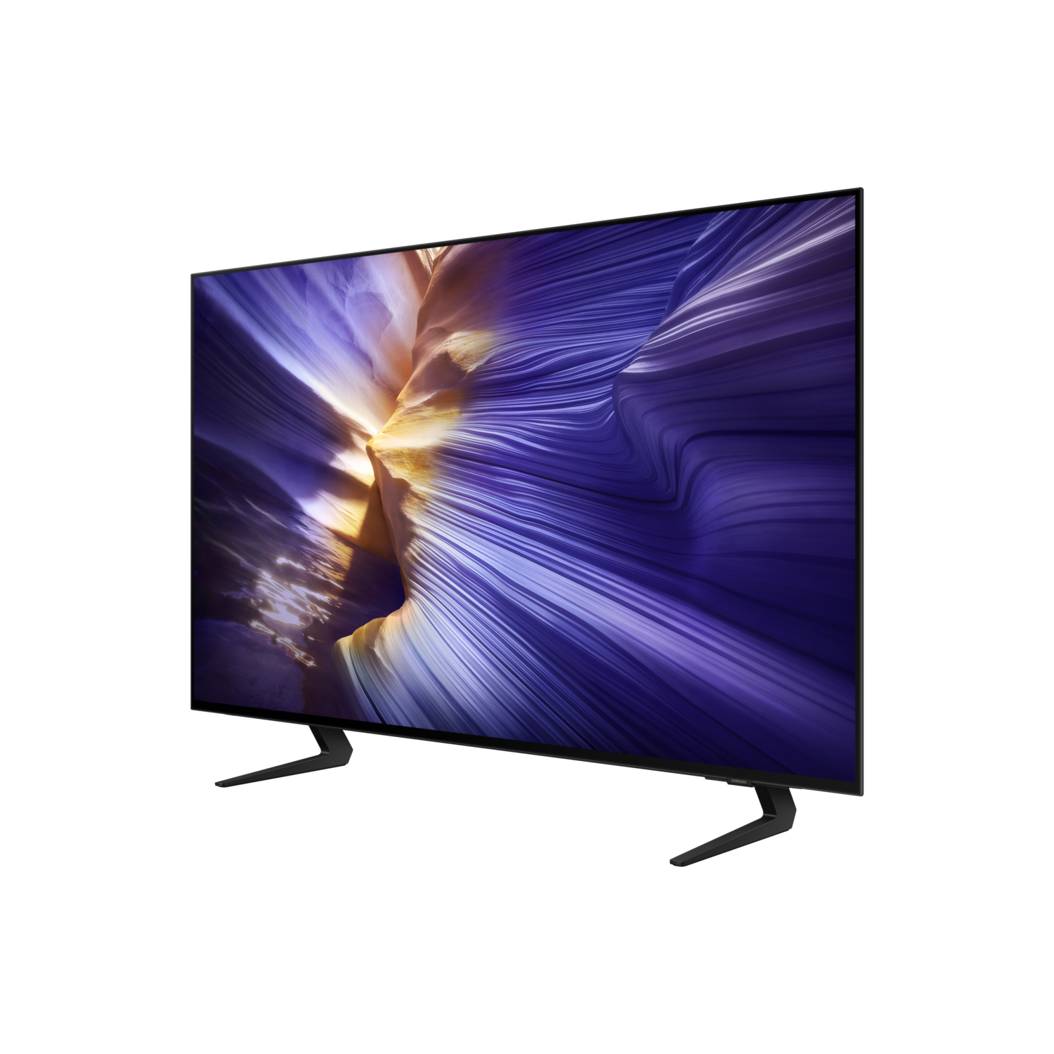 A modern TV on a black stand, displaying a colorful abstract image. The background is black.