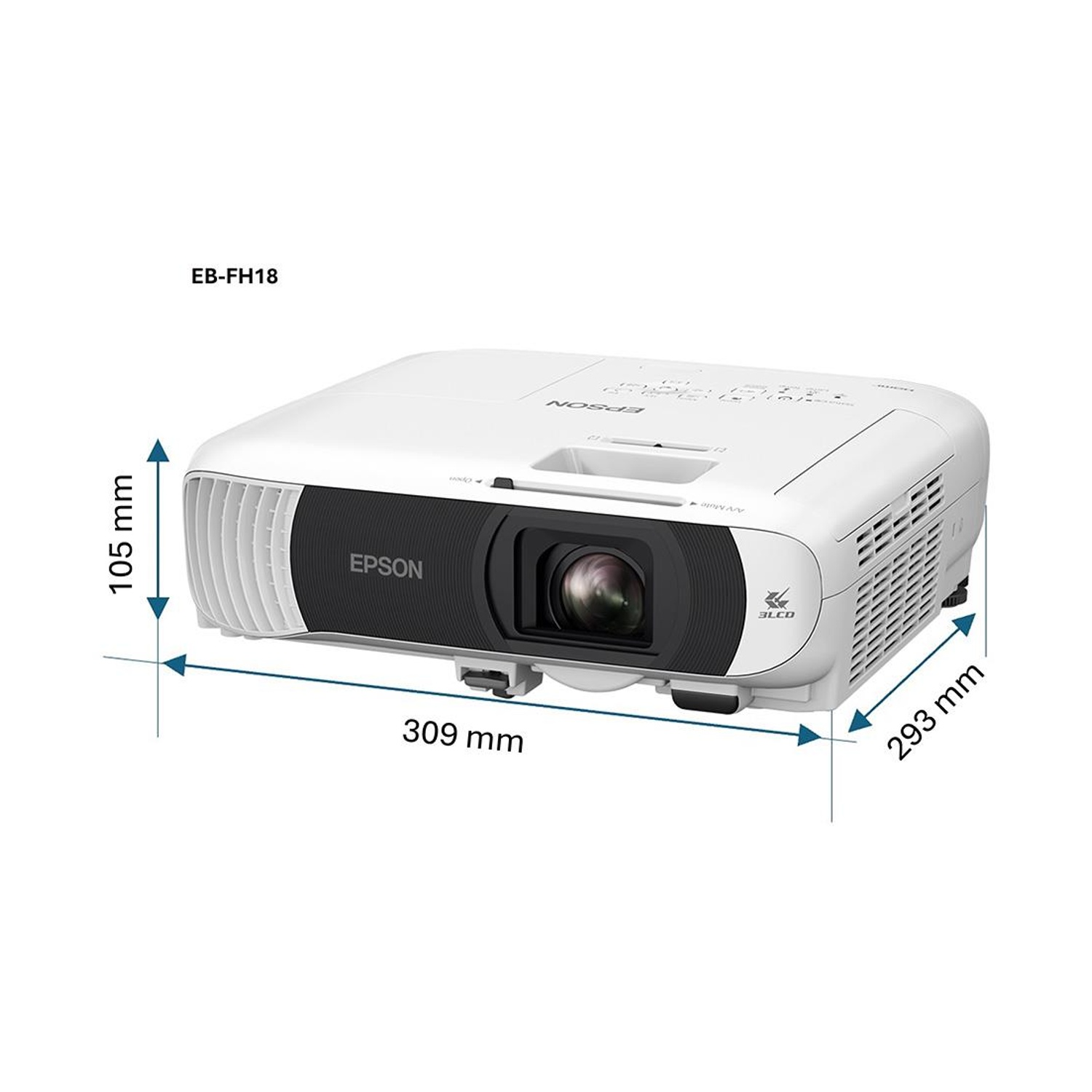 Un proiettore Epson EB-FH18 bianco. Le dimensioni sono indicate: 309 mm di lunghezza, 293 mm di larghezza e 105 mm di altezza. Il logo Epson è sul davanti.