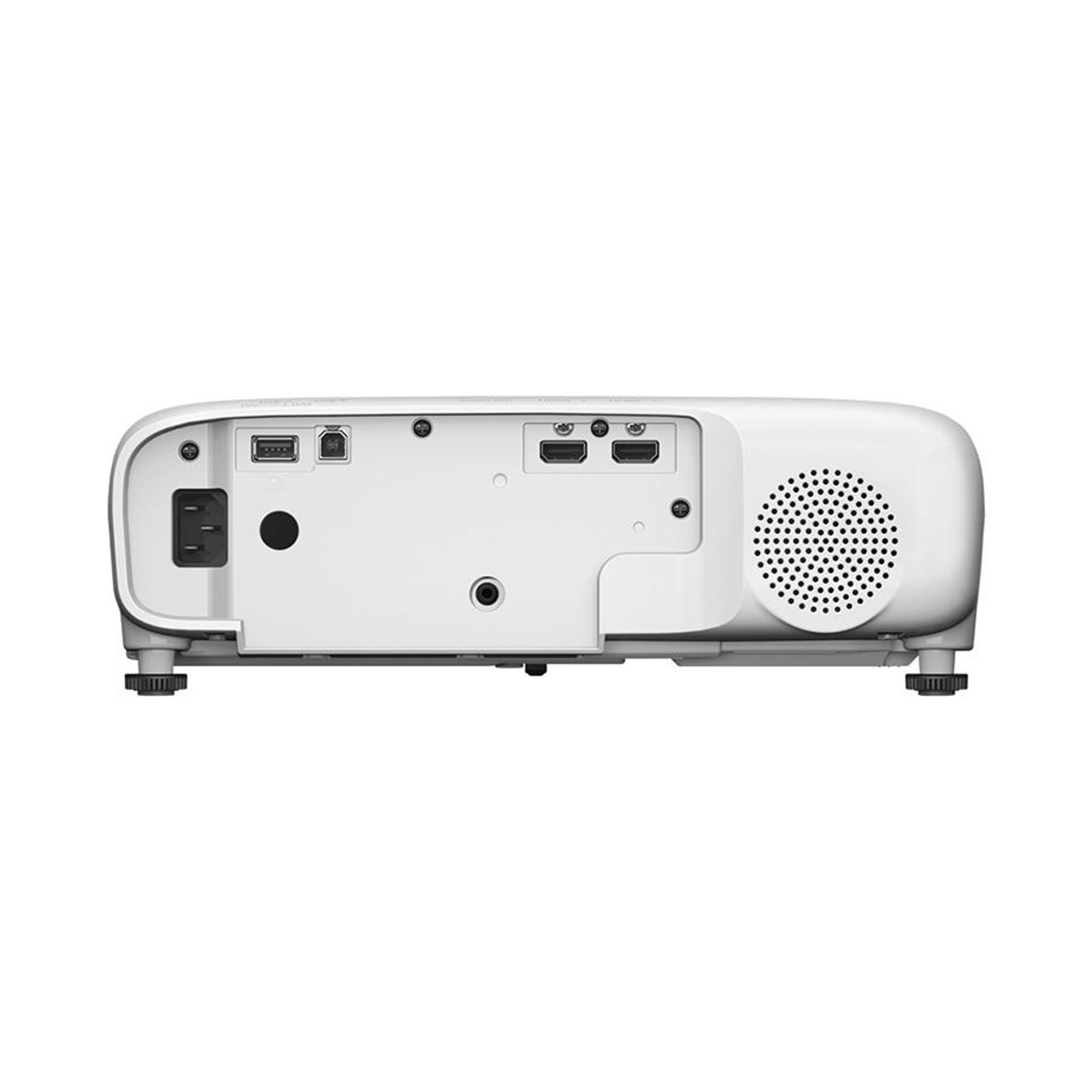 Un proiettore bianco con varie porte e un altoparlante. Ha un ingresso di alimentazione, porte USB e porte HDMI. Lo sfondo è bianco.