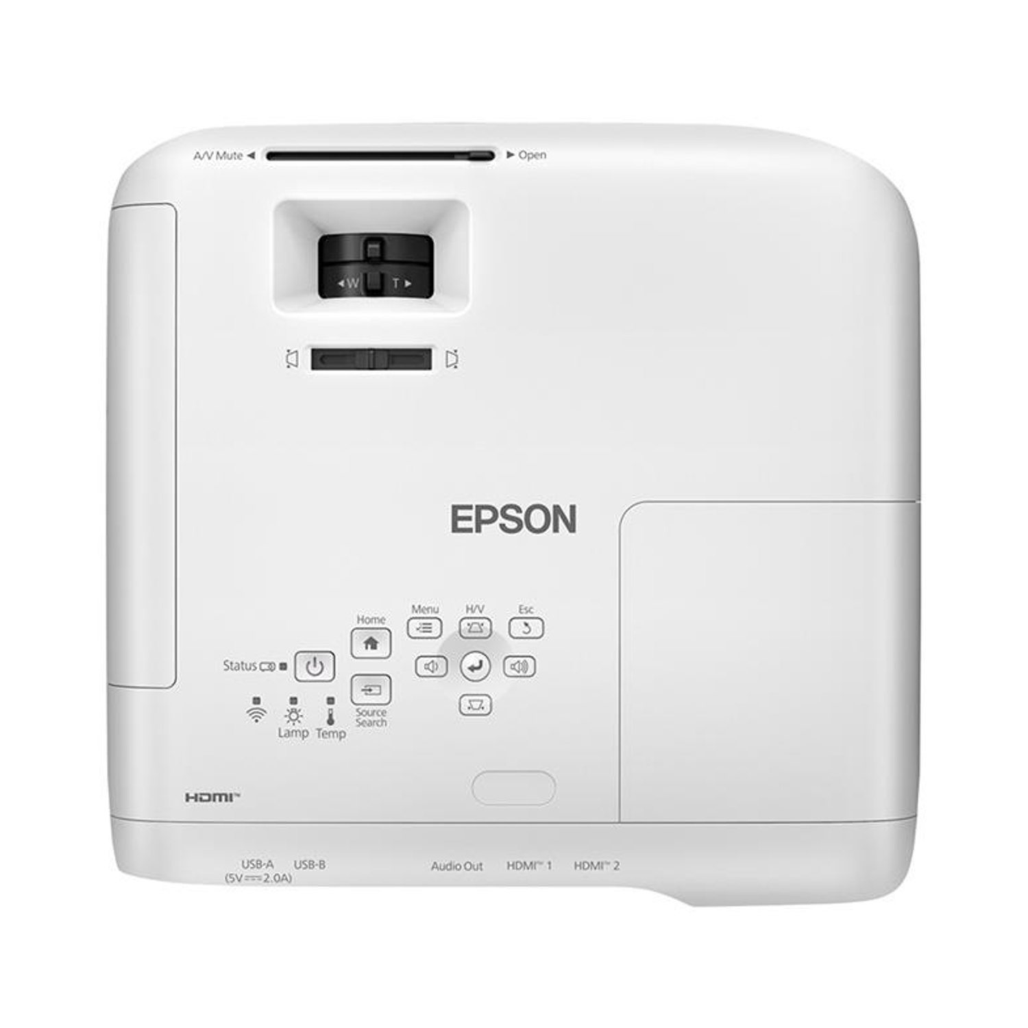 Un proiettore Epson bianco con pulsanti e porte. Ha un obiettivo, un pannello di controllo e varie opzioni di ingresso/uscita.