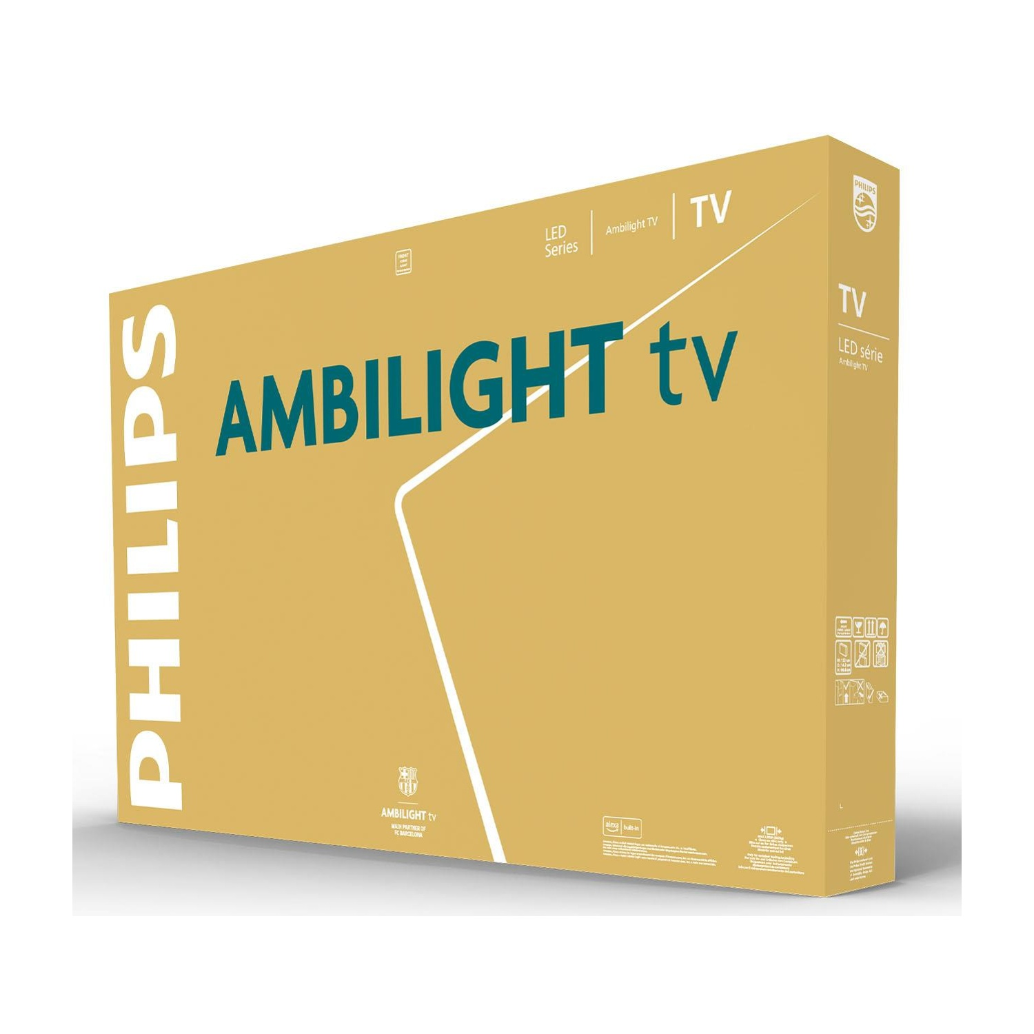 Una scatola per TV Philips Ambilight. È beige con testo bianco e verde acqua. Il logo Philips è visibile.