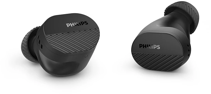 Két fekete Philips vezeték nélküli fülhallgató fehér háttérrel. Mindegyik fülhallgatón a Philips logója és bordázott dizájn látható.
