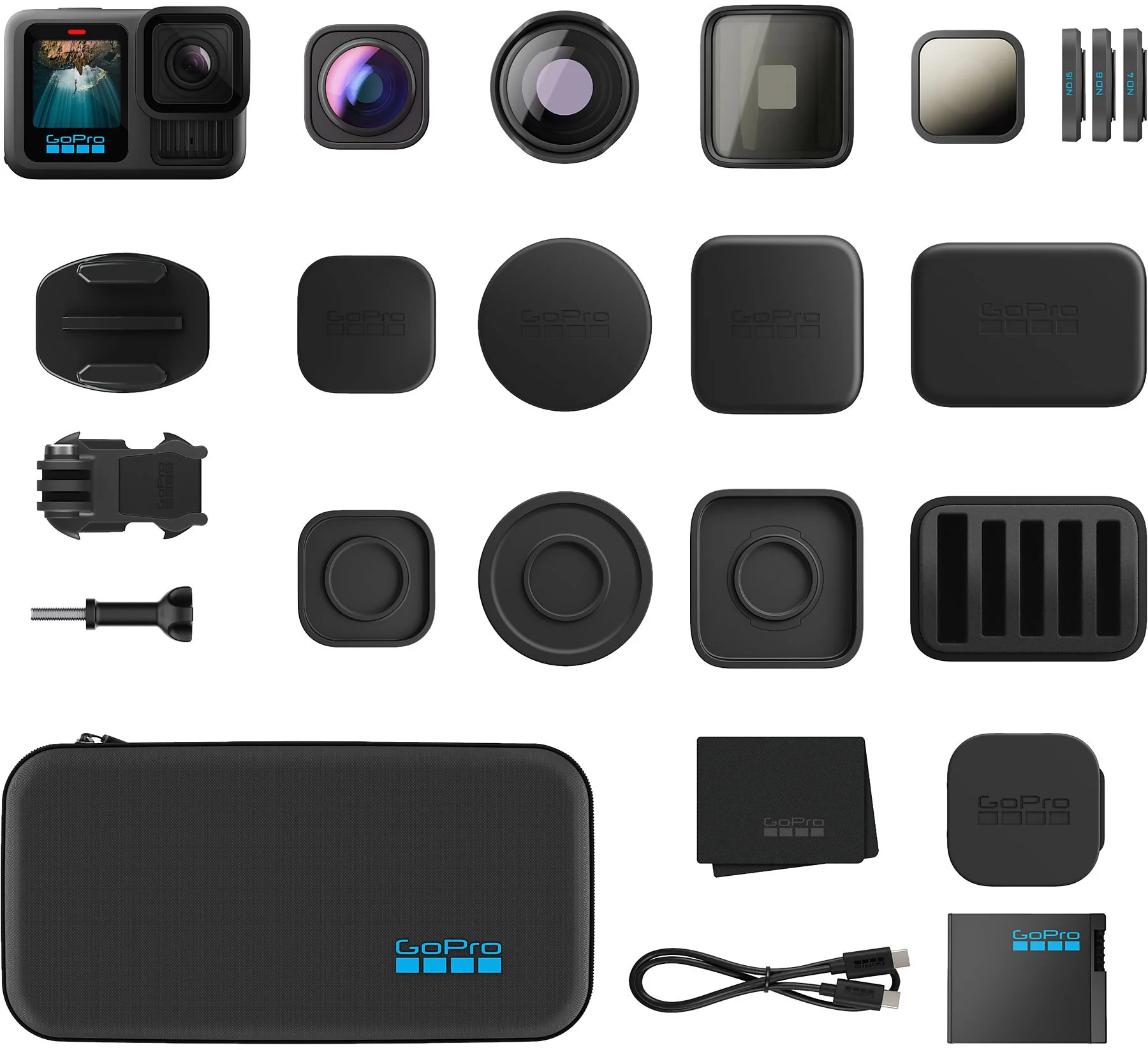 GoPro kamera és tartozékok. Tartalmazza az objektívet, szűrőket, tartókat, töltőt, tokot és kábelt. Mind fekete, GoPro logóval.