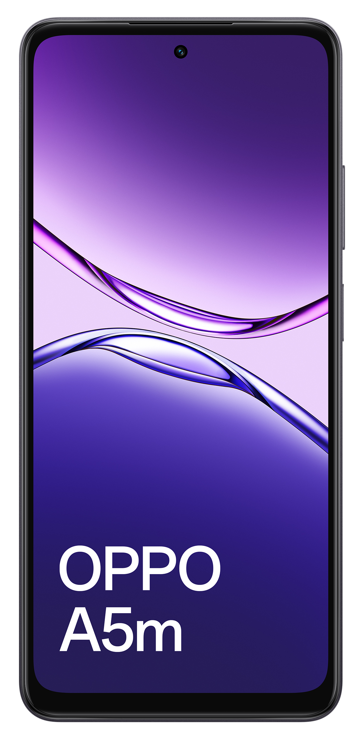 Smartfon wyświetla fioletowe tło z gradientem i zakrzywionymi liniami. Nazwa modelu telefonu, OPPO A5m, jest wyświetlana na biało.