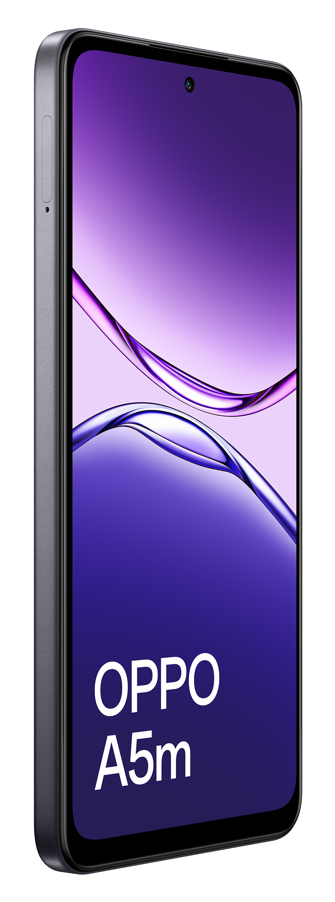 Wyświetlany jest smartfon OPPO A5m. Ekran pokazuje fioletowy gradient z białym tekstem. Telefon jest szary, na czarnym tle.
