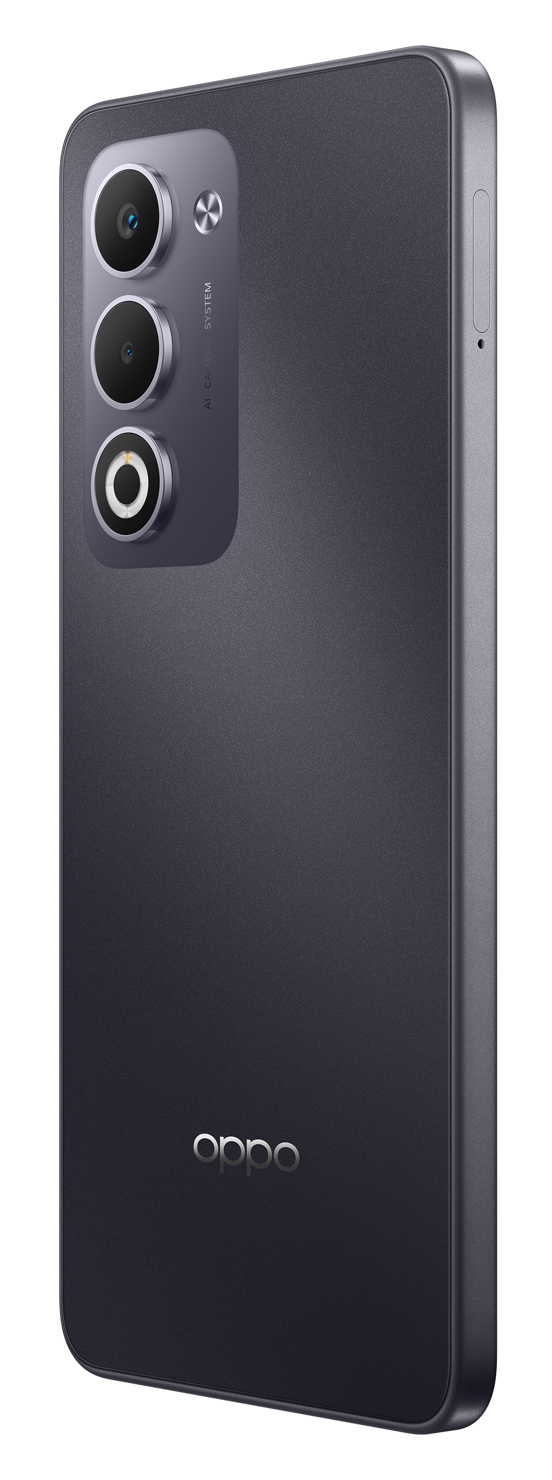 Ciemnofioletowy smartfon Oppo. Ma system kamer z trzema obiektywami, a logo Oppo znajduje się na dole.